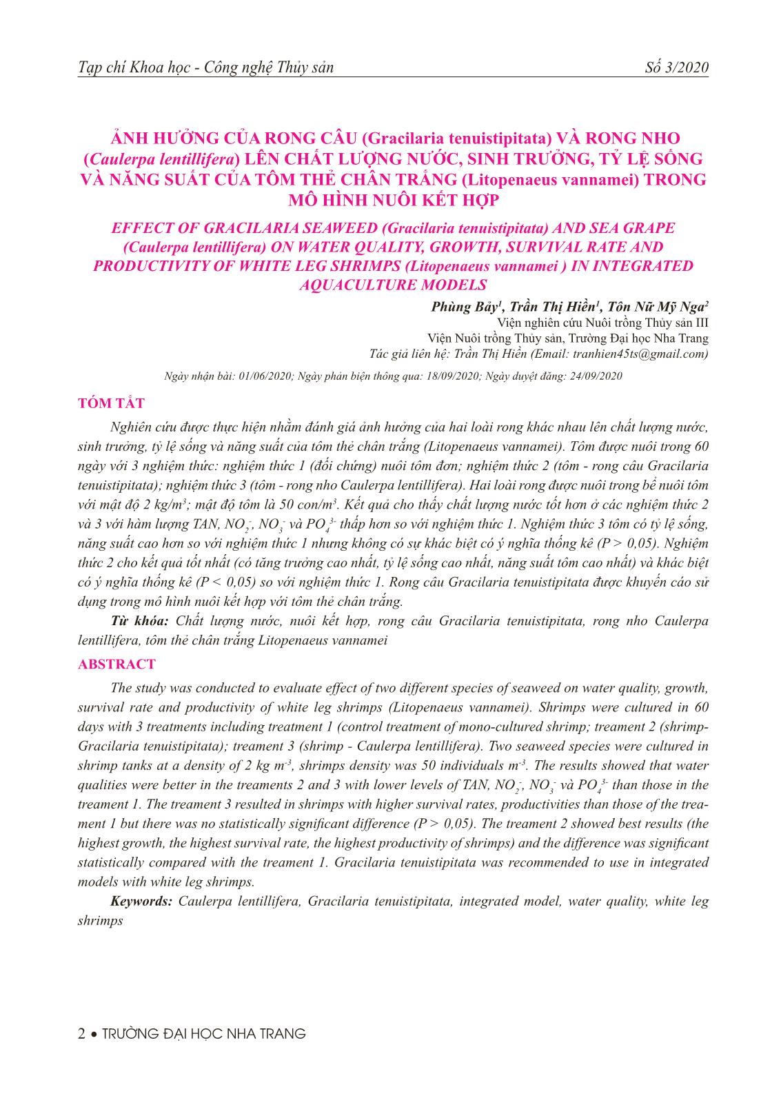 Ảnh hưởng của rong câu (Gracilaria tenuistipitata) và rong nho (Caulerpa lentillifera) lên chất lượng nước, sinh trưởng, tỷ lệ sống và năng suất của tôm thẻ chân trắng (Litopenaeus vannamei) trong mô hình nuôi kết hợp trang 1