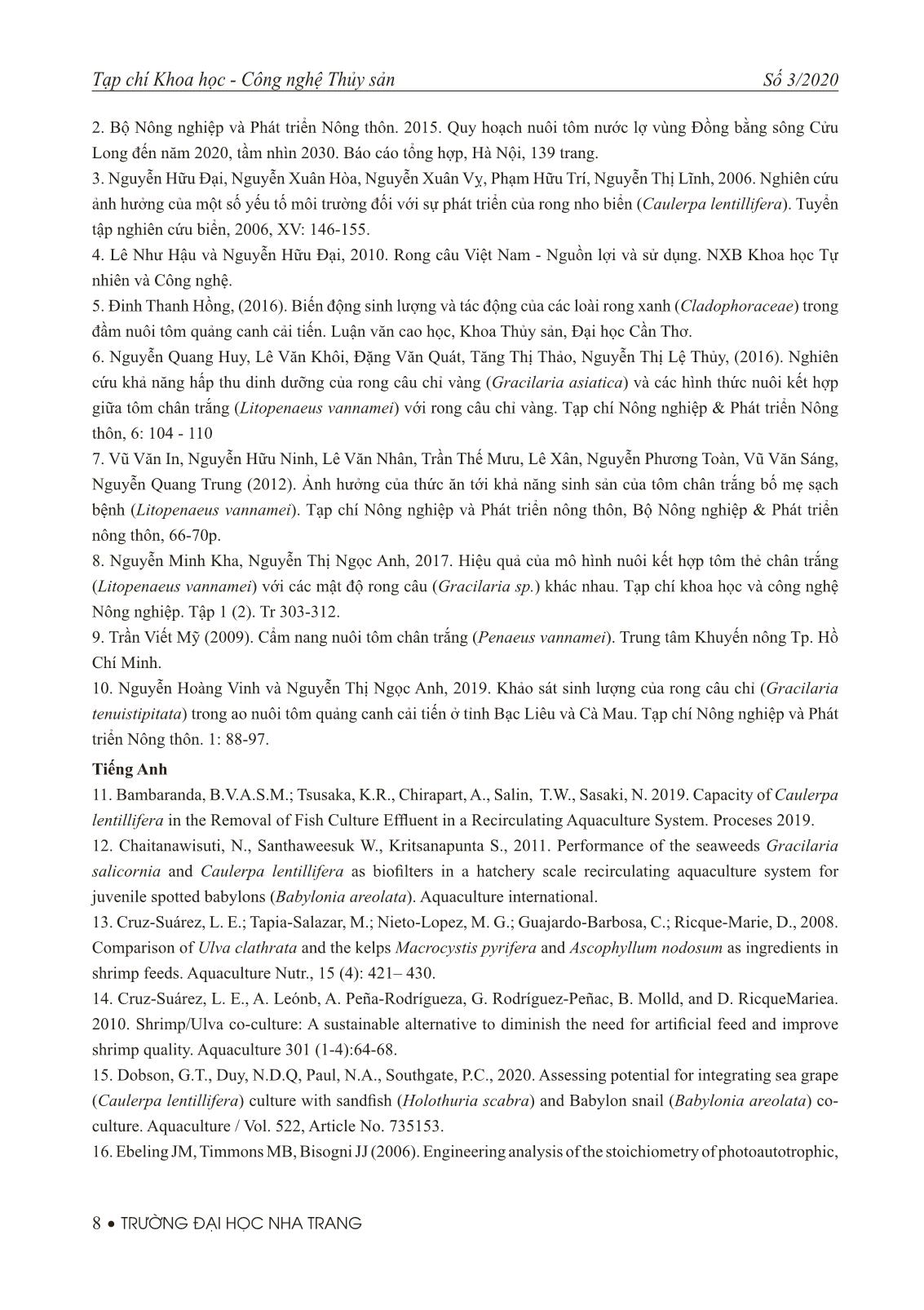 Ảnh hưởng của rong câu (Gracilaria tenuistipitata) và rong nho (Caulerpa lentillifera) lên chất lượng nước, sinh trưởng, tỷ lệ sống và năng suất của tôm thẻ chân trắng (Litopenaeus vannamei) trong mô hình nuôi kết hợp trang 7
