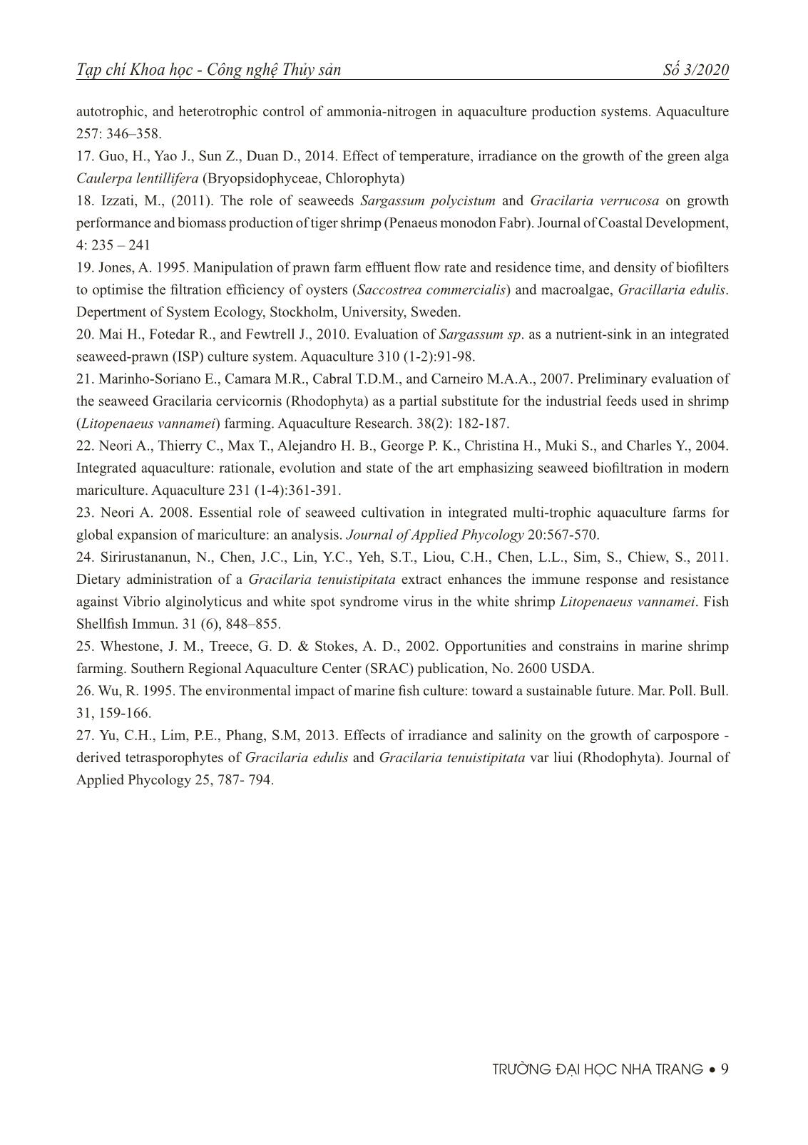 Ảnh hưởng của rong câu (Gracilaria tenuistipitata) và rong nho (Caulerpa lentillifera) lên chất lượng nước, sinh trưởng, tỷ lệ sống và năng suất của tôm thẻ chân trắng (Litopenaeus vannamei) trong mô hình nuôi kết hợp trang 8