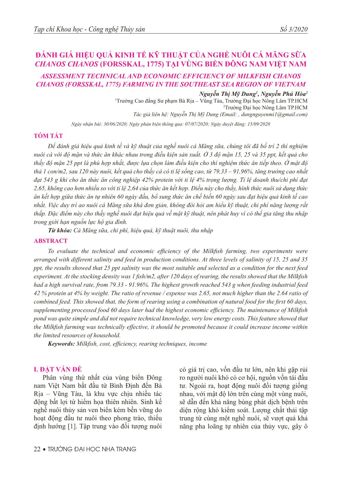 Đánh giá hiệu quả kinh tế kỹ thuật của nghề nuôi cá măng sữa Chanos chanos (Forsskal, 1775) tại vùng biển Đông Nam Việt Nam trang 1