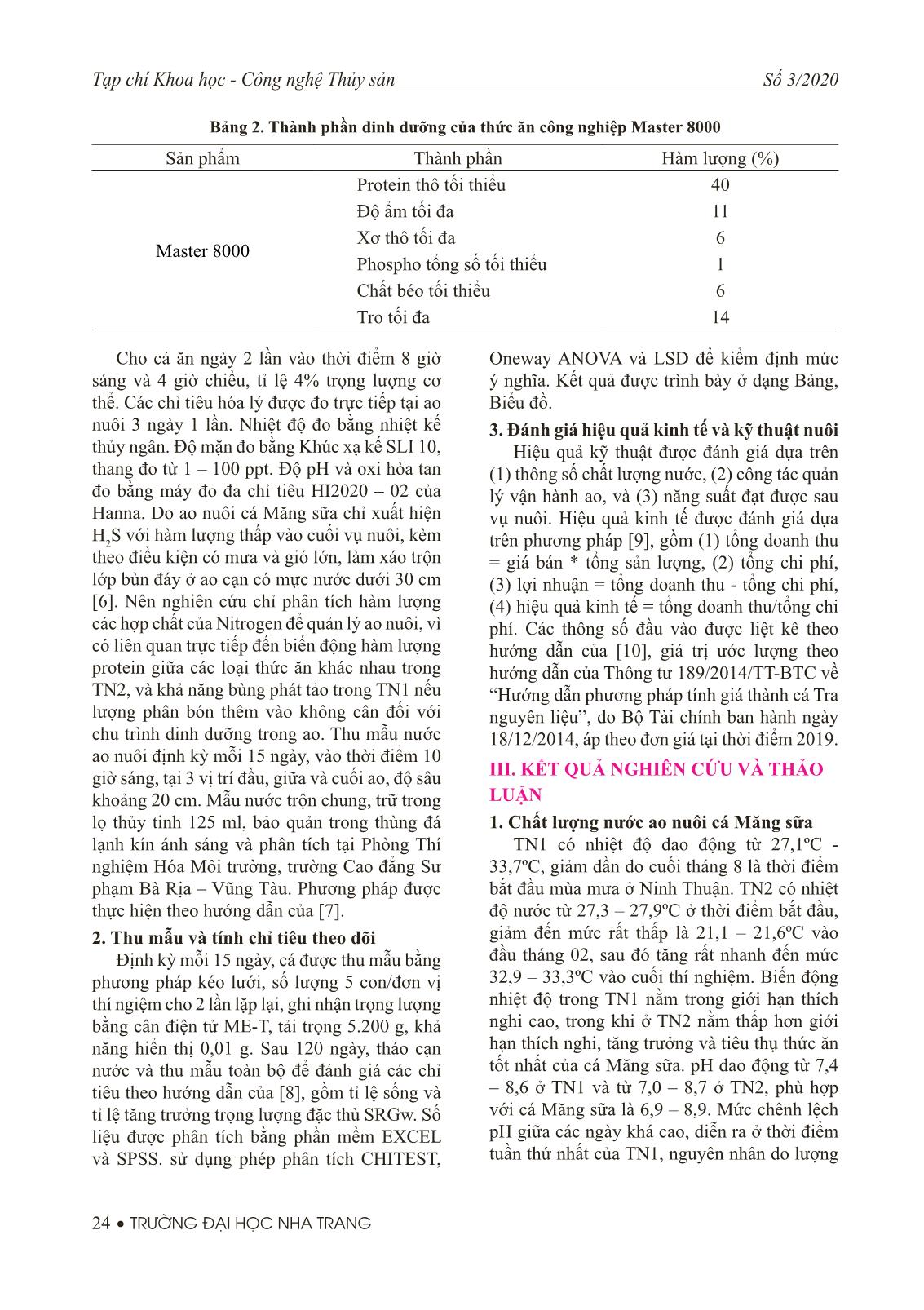 Đánh giá hiệu quả kinh tế kỹ thuật của nghề nuôi cá măng sữa Chanos chanos (Forsskal, 1775) tại vùng biển Đông Nam Việt Nam trang 3