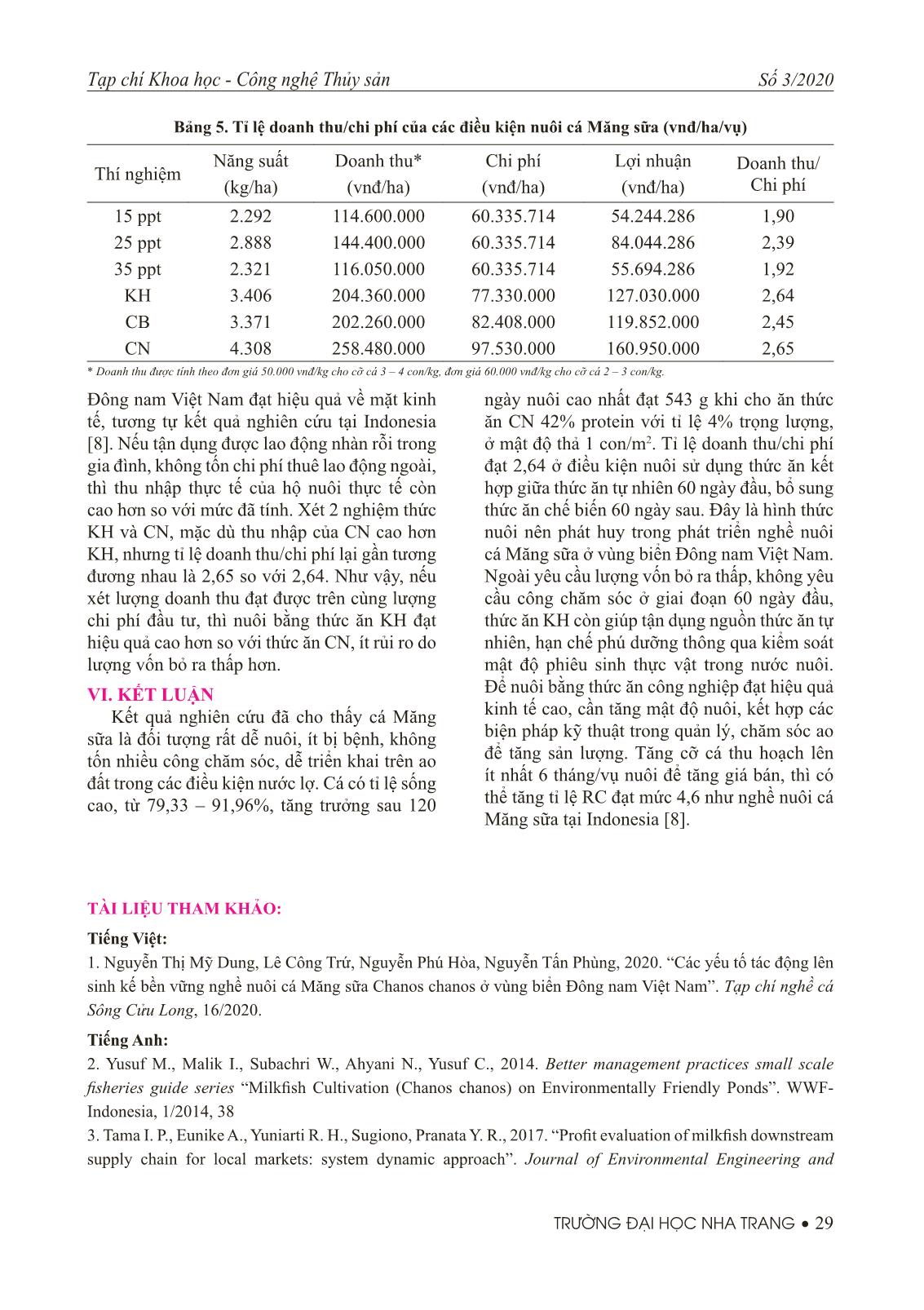Đánh giá hiệu quả kinh tế kỹ thuật của nghề nuôi cá măng sữa Chanos chanos (Forsskal, 1775) tại vùng biển Đông Nam Việt Nam trang 8