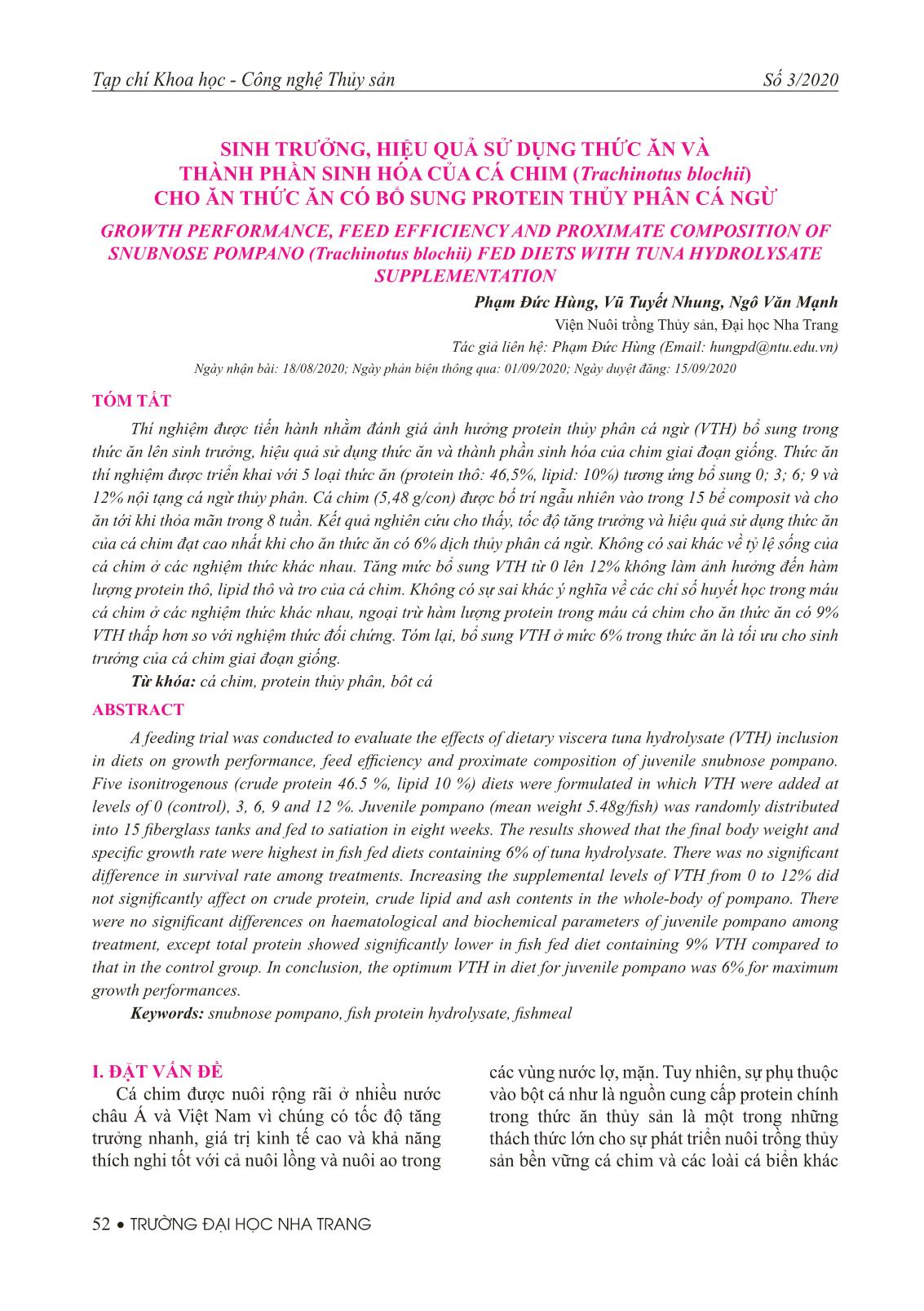Sinh trưởng, hiệu quả sử dụng thức ăn và thành phần sinh hóa của cá chim (Trachinotus blochii) cho ăn thức ăn có bổ sung protein thủy phân cá ngừ trang 1