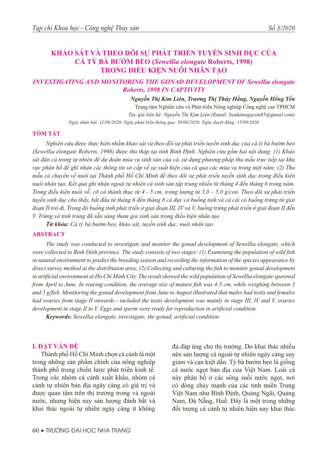 Khảo sát và theo dõi sự phát triển tuyến sinh dục của cá tỳ bà bướm beo (Sewellia elongate Roberts, 1998) trong điều kiện nuôi nhân tạo trang 1