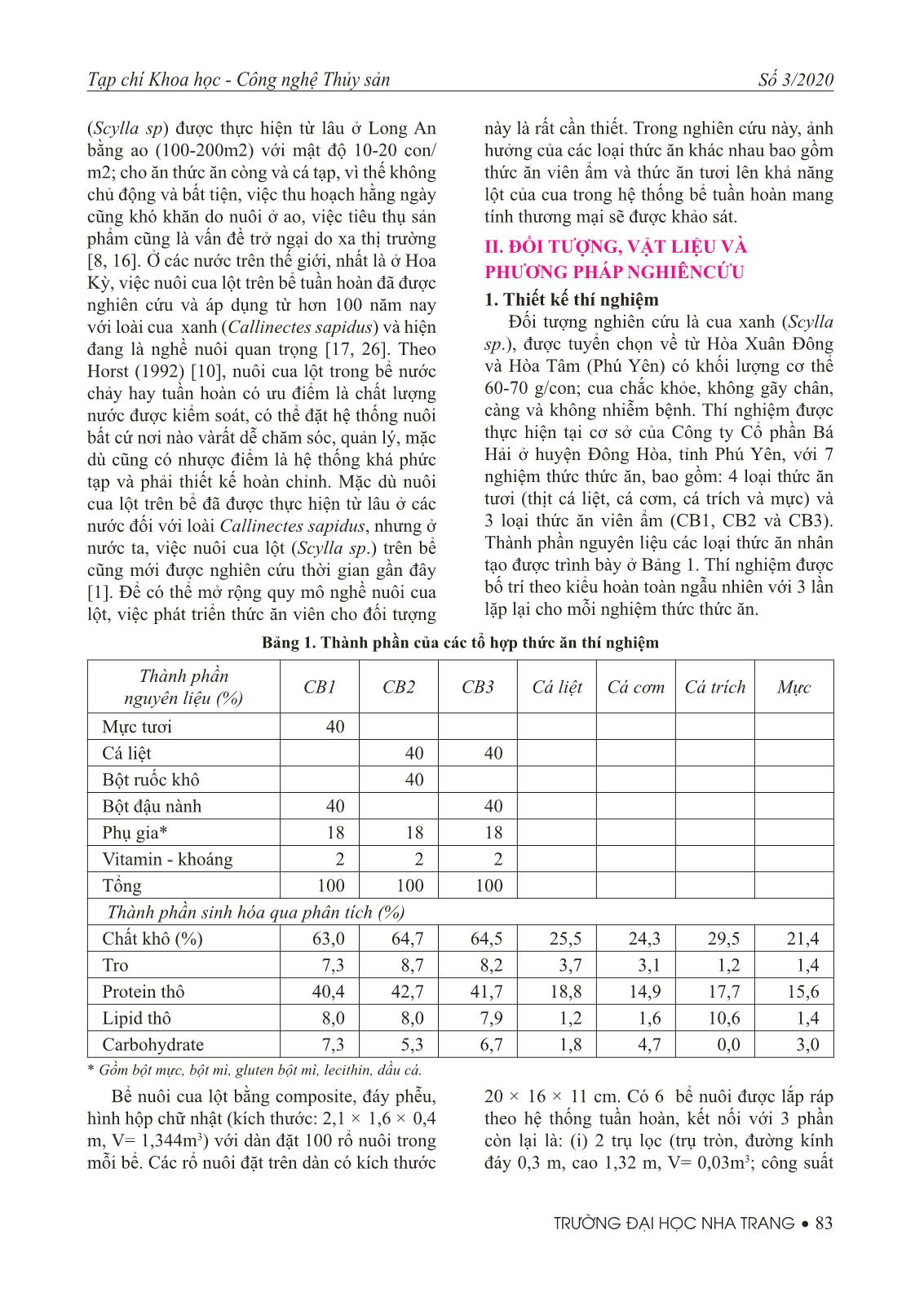 Ảnh hưởng của thức ăn khác nhau đến tỷ lệ sống và tỷ lệ lột vỏ của cua xanh (Scyllasp.) nuôi trong bể tuần hoàn trang 2