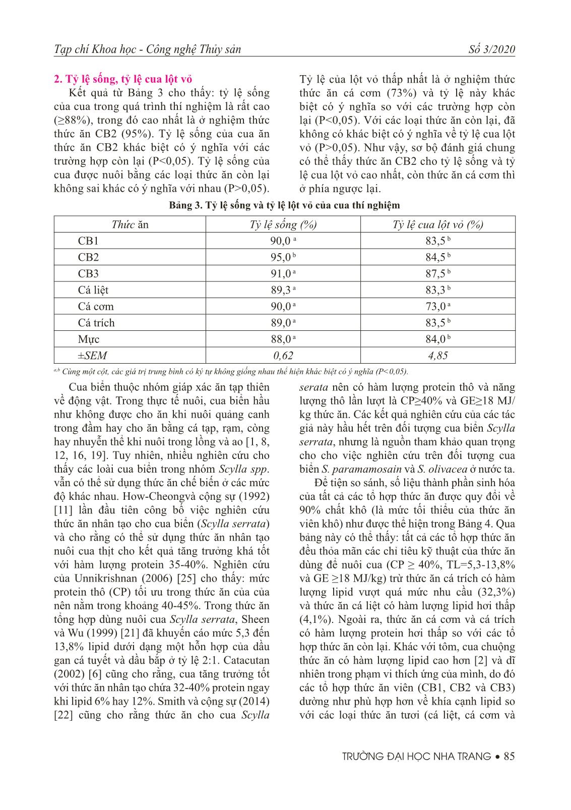 Ảnh hưởng của thức ăn khác nhau đến tỷ lệ sống và tỷ lệ lột vỏ của cua xanh (Scyllasp.) nuôi trong bể tuần hoàn trang 4