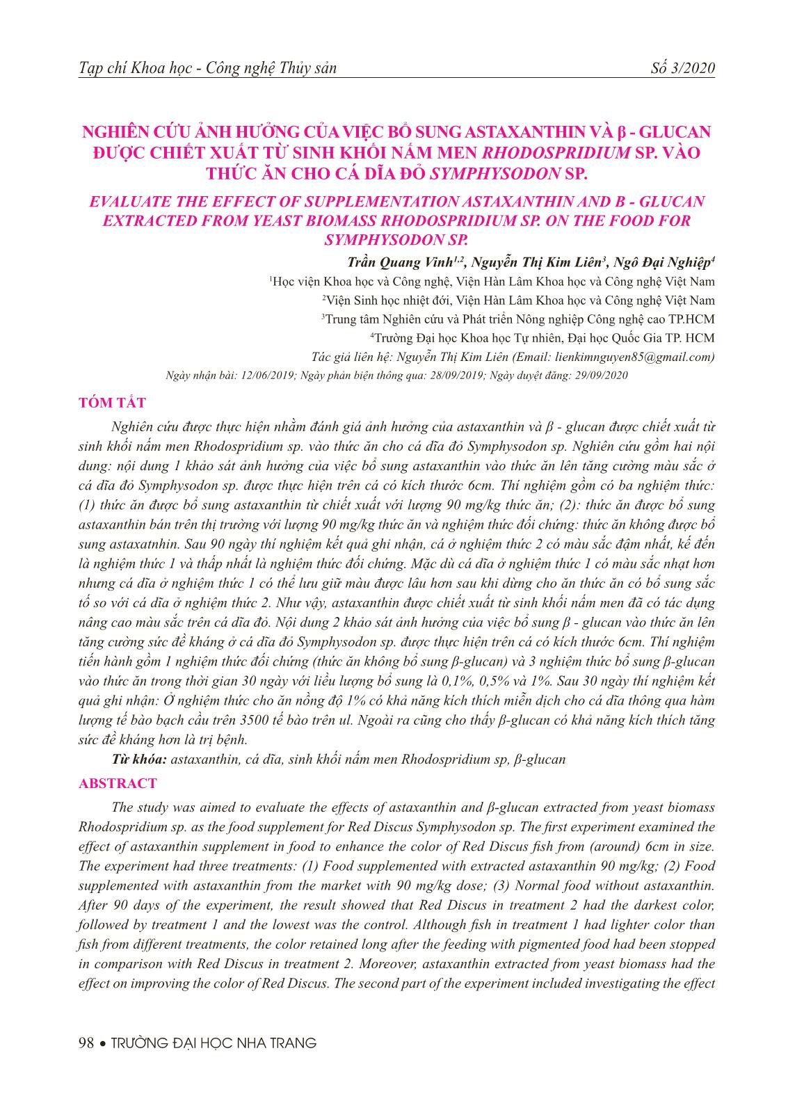 Nghiên cứu ảnh hưởng của việc bổ sung Astaxanthin và β-glucan được chiết xuất từ sinh khối nấm men Rhodospridium sp. vào thức ăn cho cá dĩa đỏ Symphysodon sp trang 1