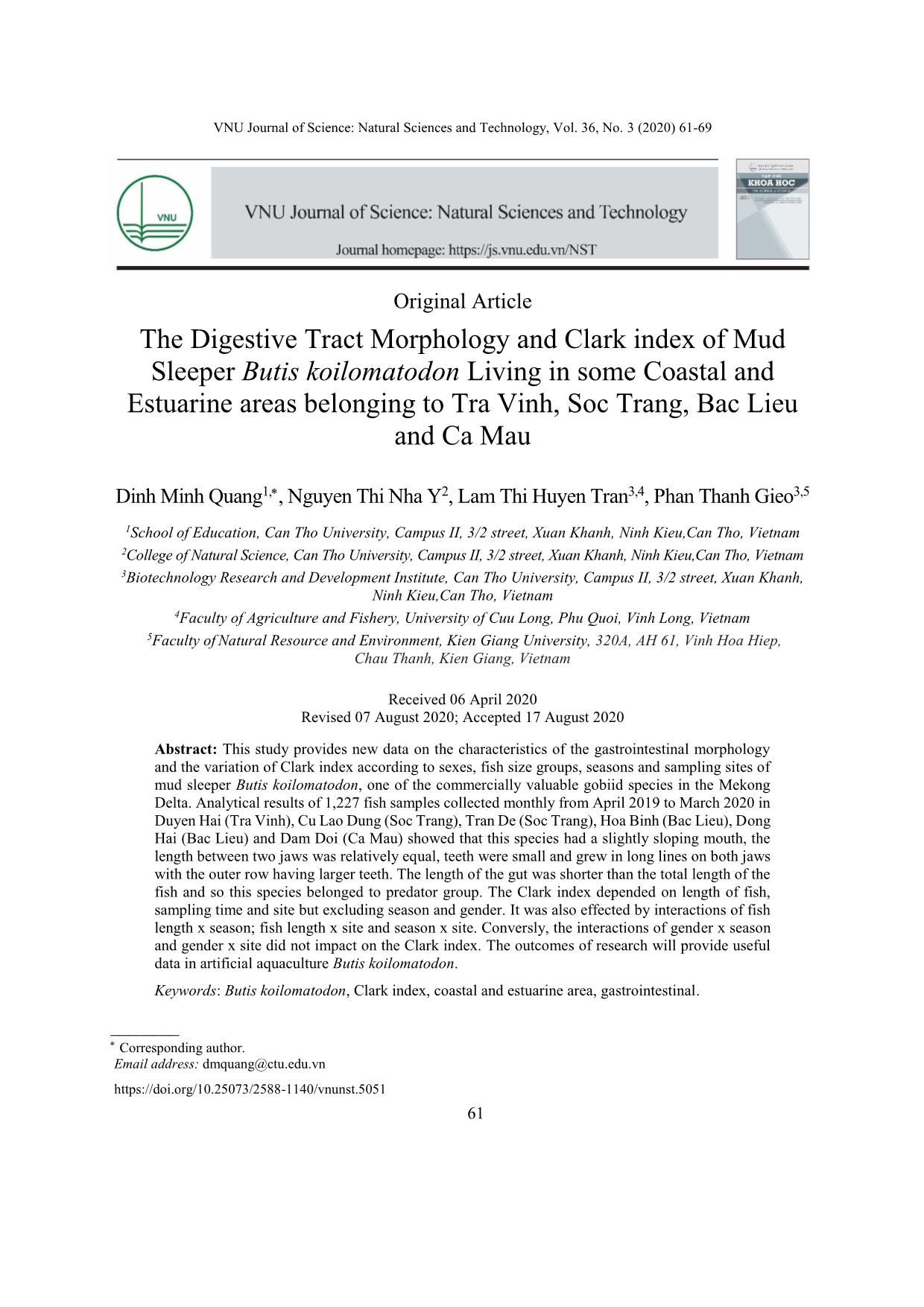 The digestive tract morphology and clark index of mud sleeper butis koilomatodon living in some coastal and estuarine areas belonging to Tra Vinh, Soc Trang, Bac Lieu and Ca Mau trang 1