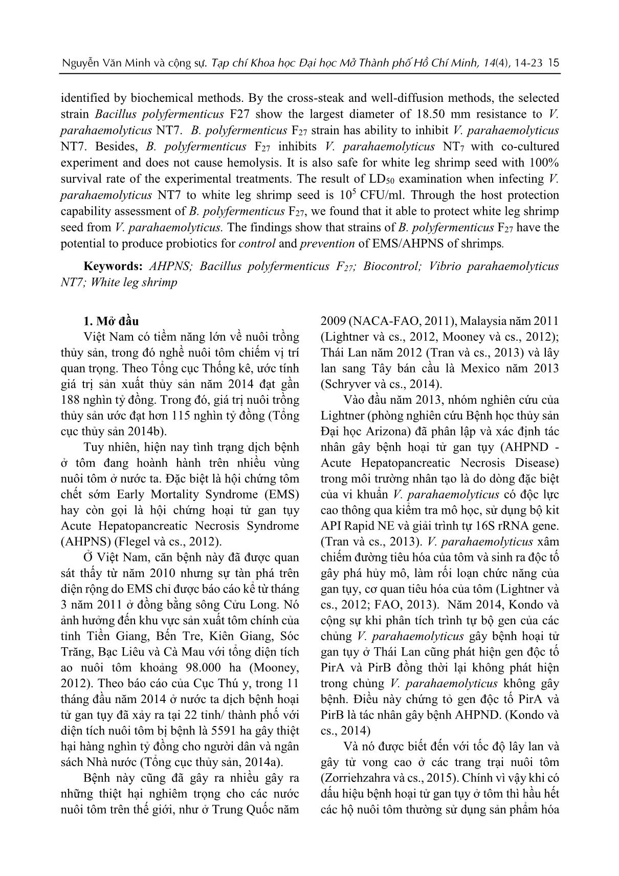 Khả năng kiểm soát sinh học Vibrio parahaemolyticus NT7 phân lập từ tôm thẻ bệnh hoại tử gan tụy (AHPND) của chủng Bacillus polyfermenticus F27 phân lập từ giun quế trang 2