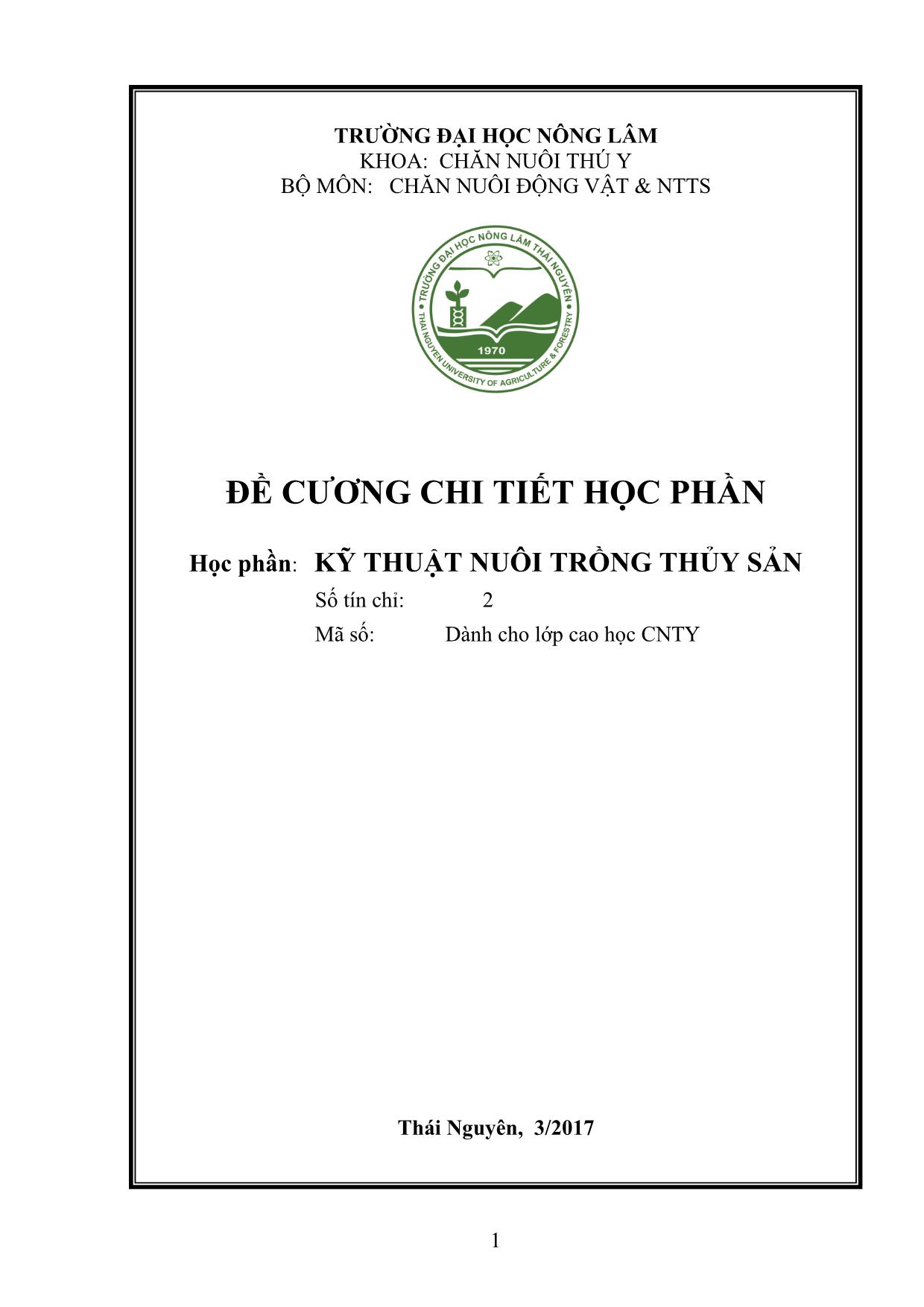 Đề cương chi tiết học phần Kỹ thuật nuôi trồng thủy sản trang 1