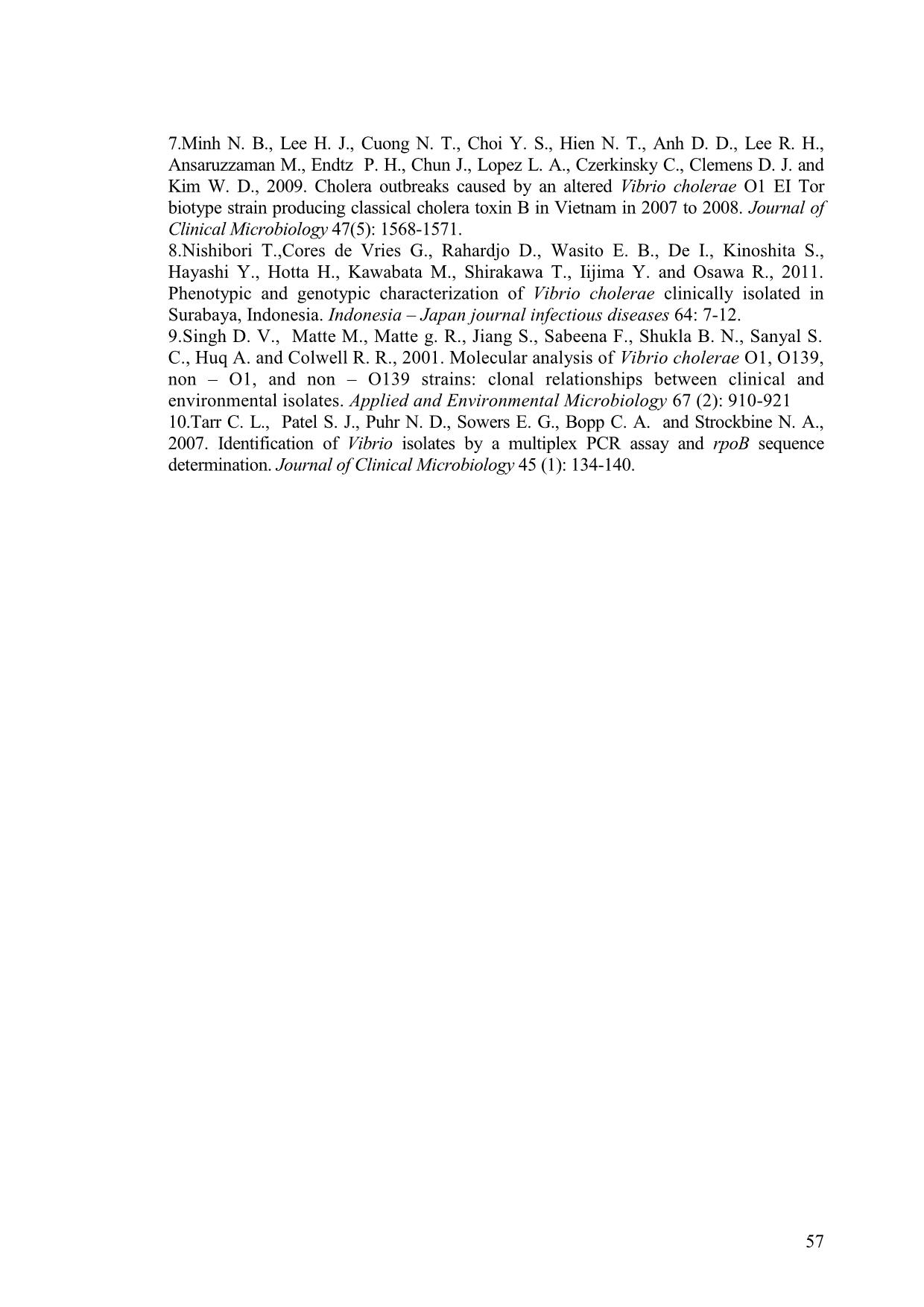 Tần số xuất hiện vibrio cholerae trên tôm và nhuyễn thể, xác định serogroup O1, O139 và biotype của V. Cholerae bằng kỹ thuật Multiplex-PCR trang 10