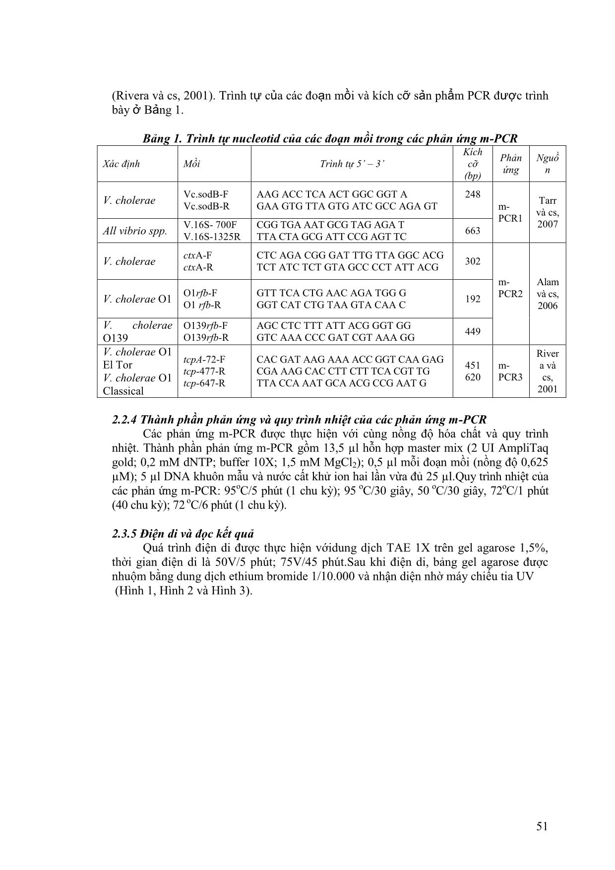 Tần số xuất hiện vibrio cholerae trên tôm và nhuyễn thể, xác định serogroup O1, O139 và biotype của V. Cholerae bằng kỹ thuật Multiplex-PCR trang 4