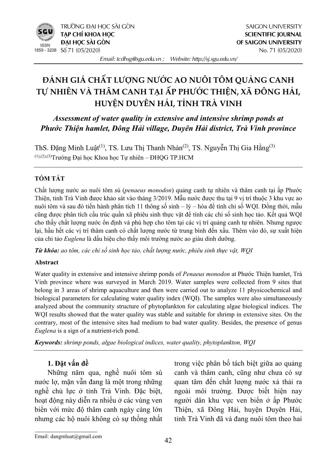 Đánh giá chất lượng nước ao nuôi tôm quảng canh tự nhiên và thâm canh tại ấp Phước Thiện, xã Đông Hải, huyện Duyên Hải, tỉnh Trà Vinh trang 1