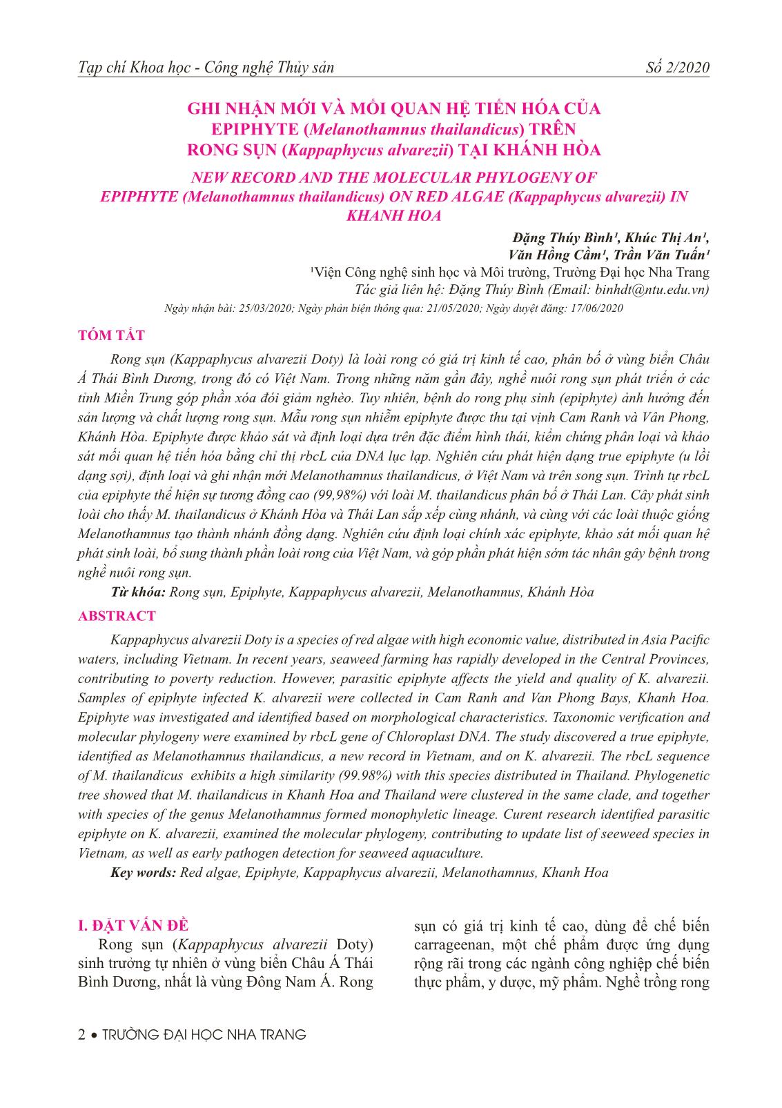 Ghi nhận mới và mối quan hệ tiến hóa của epiphyte (Melanothamnus thailandicus) trên rong sụn (Kappaphycus alvarezii) tại Khánh Hòa trang 1