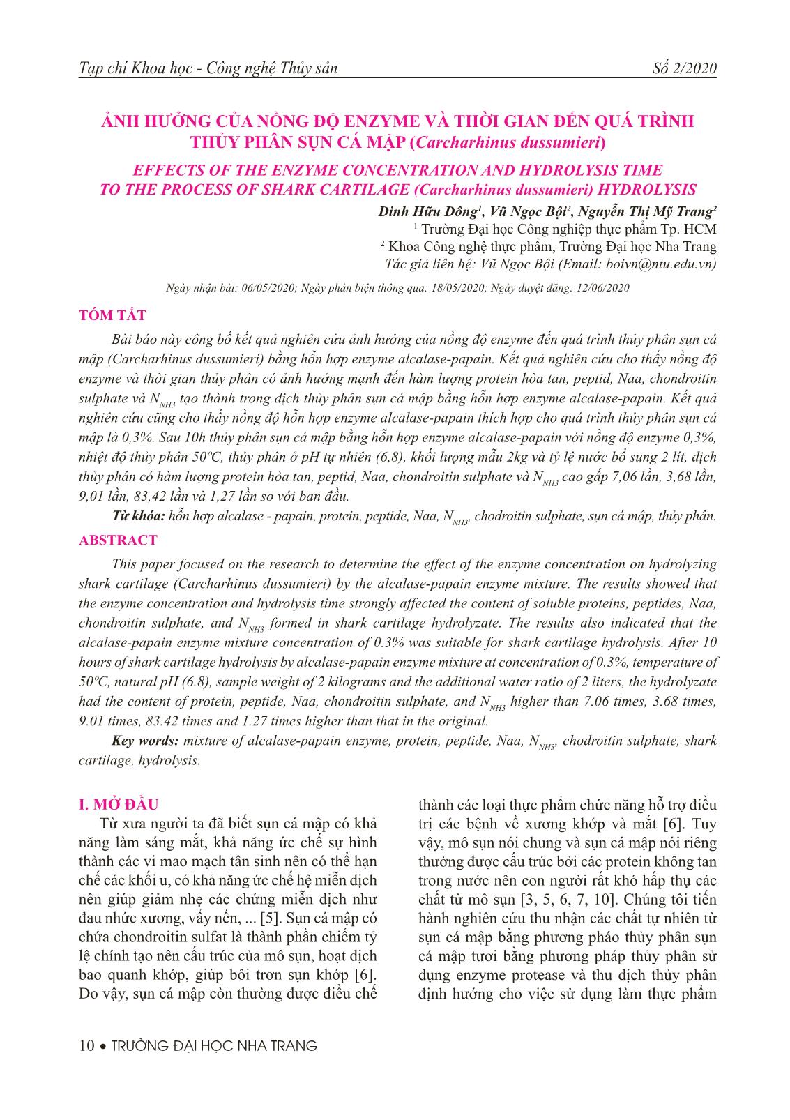 Ảnh hưởng của nồng độ enzyme và thời gian đến quá trình thủy phân sụn cá mập (Carcharhinus dussumieri) trang 1