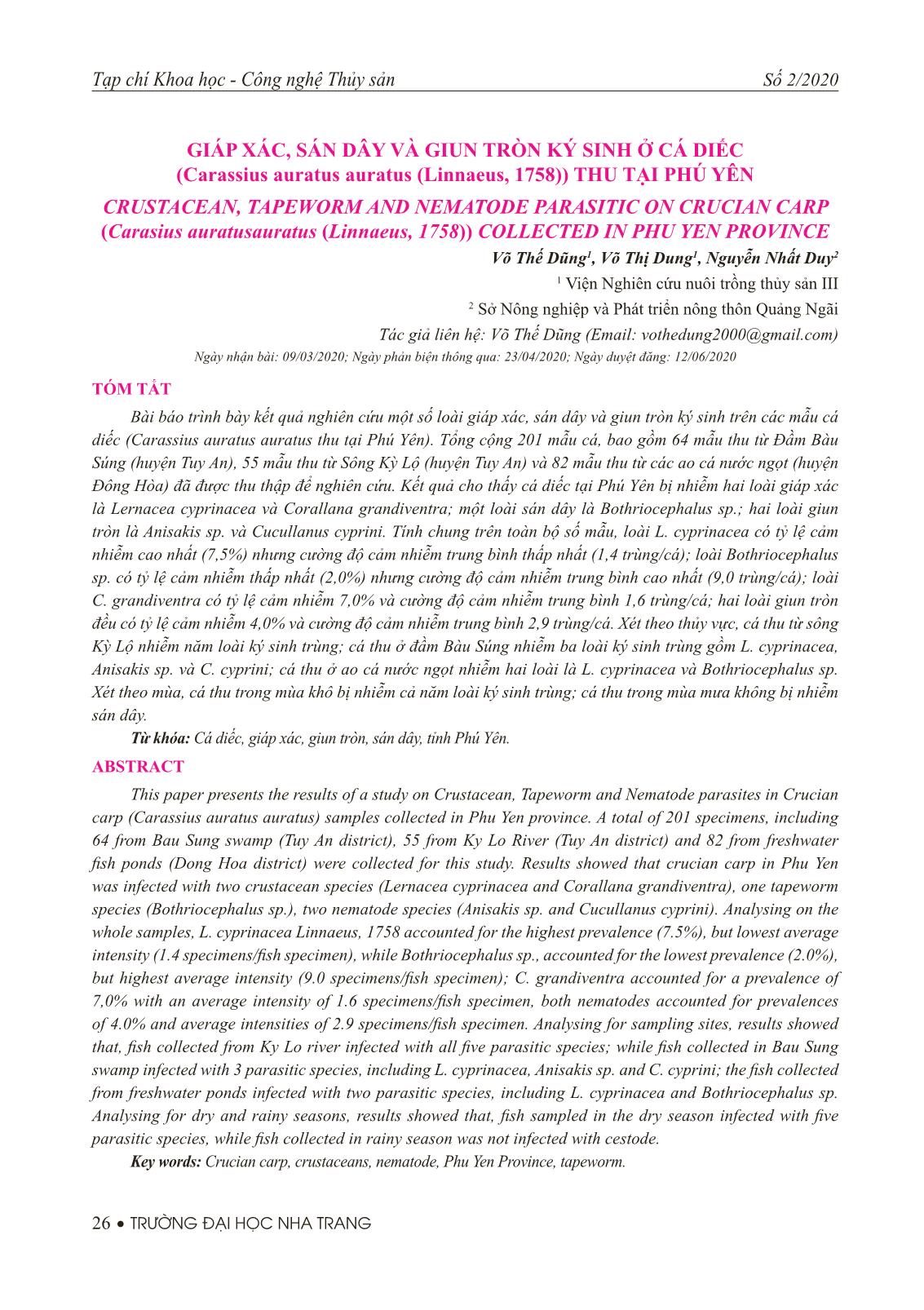 Giáp xác, sán dây và giun tròn ký sinh ở cá diếc (Carassius auratus auratus (Linnaeus, 1758)) thu tại Phú Yên trang 1