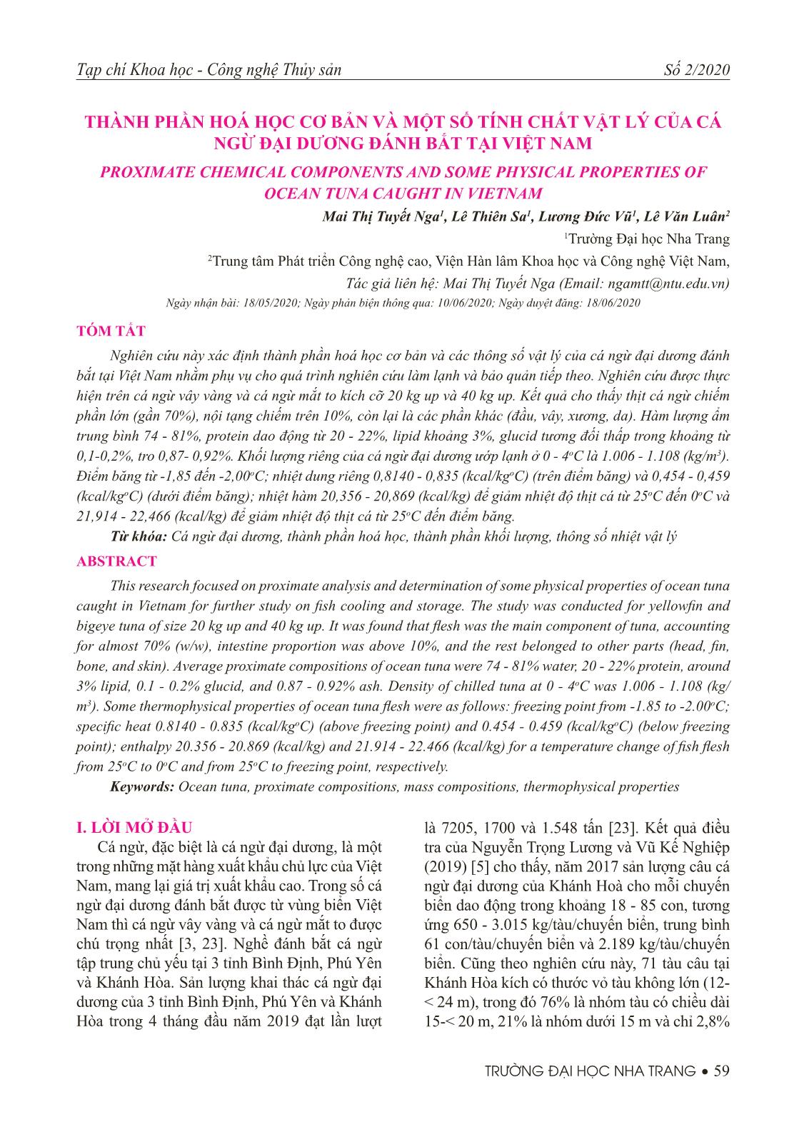Thành phần hoá học cơ bản và một số tính chất vật lý của cá ngừ đại dương đánh bắt tại Việt Nam trang 1