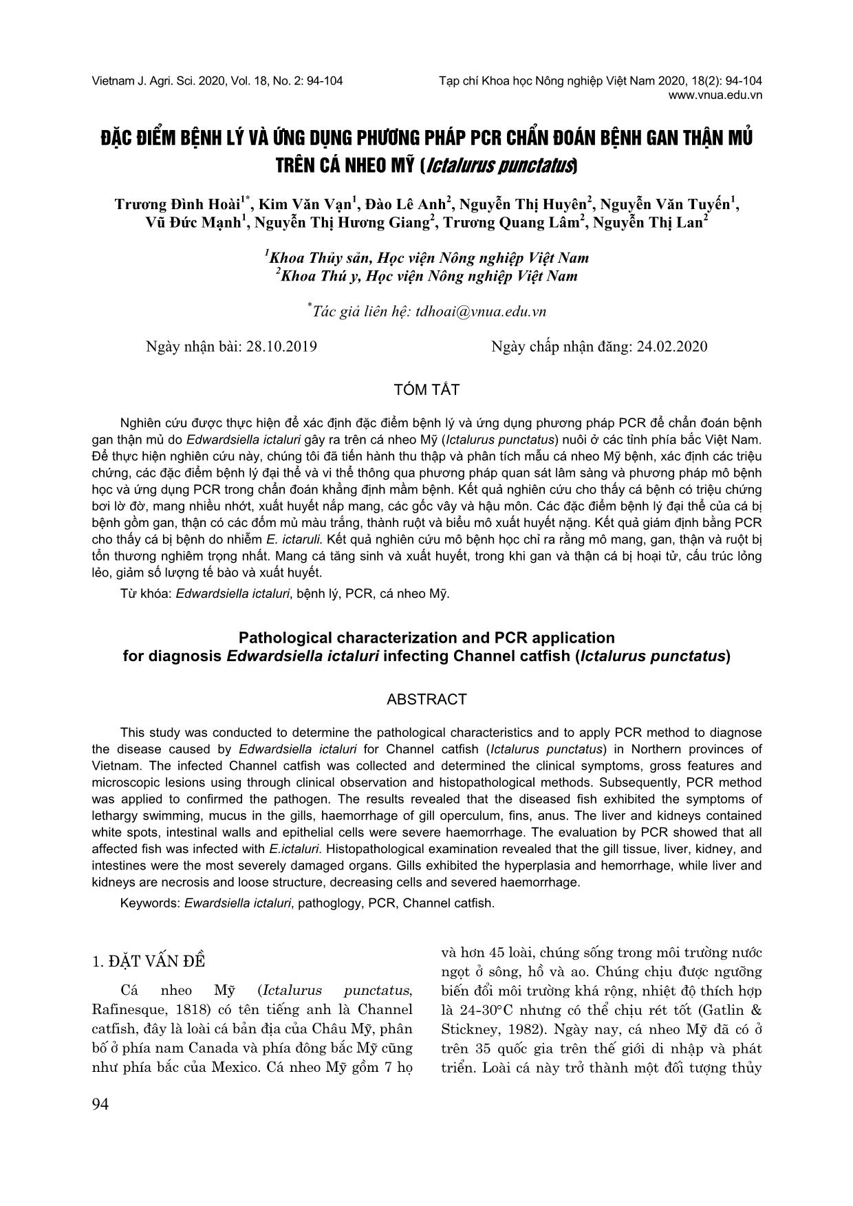 Đặc điểm bệnh lý và ứng dụng phương pháp PCR chẩn đoán bệnh gan thận mủ trên cá nheo Mỹ (Ictalurus punctatus) trang 1
