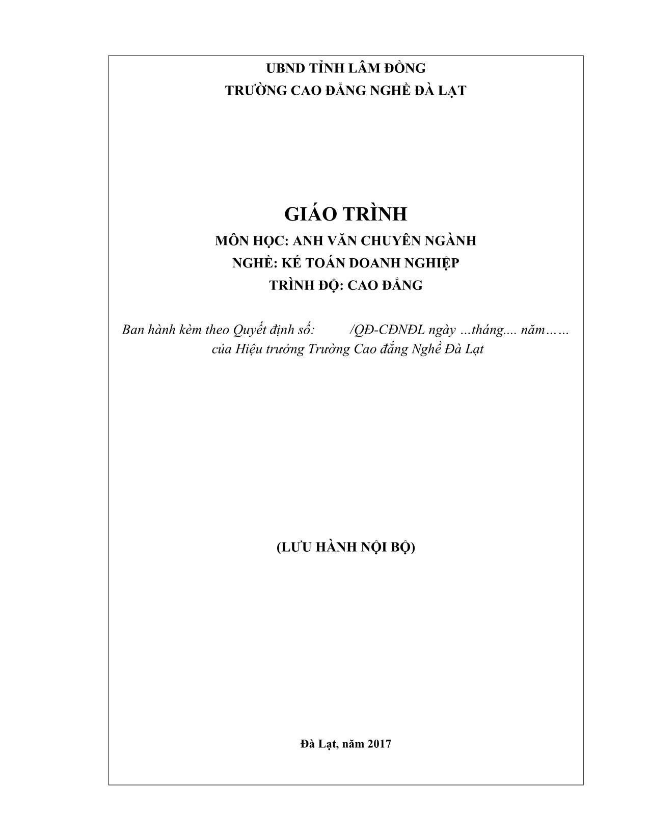 Giáo trình Anh văn chuyên ngành - Nghề: Kế toán doanh nghiệp trang 1