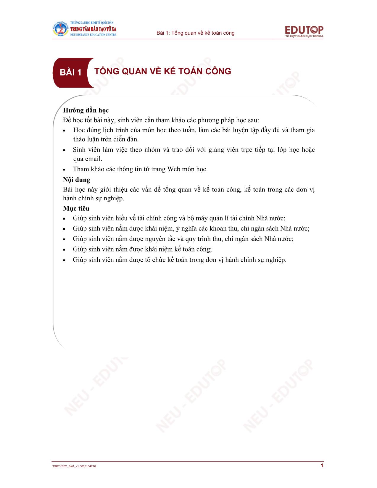 Bài giảng Kế toán công - Bài 1: Tổng quan về kế toán công trang 1