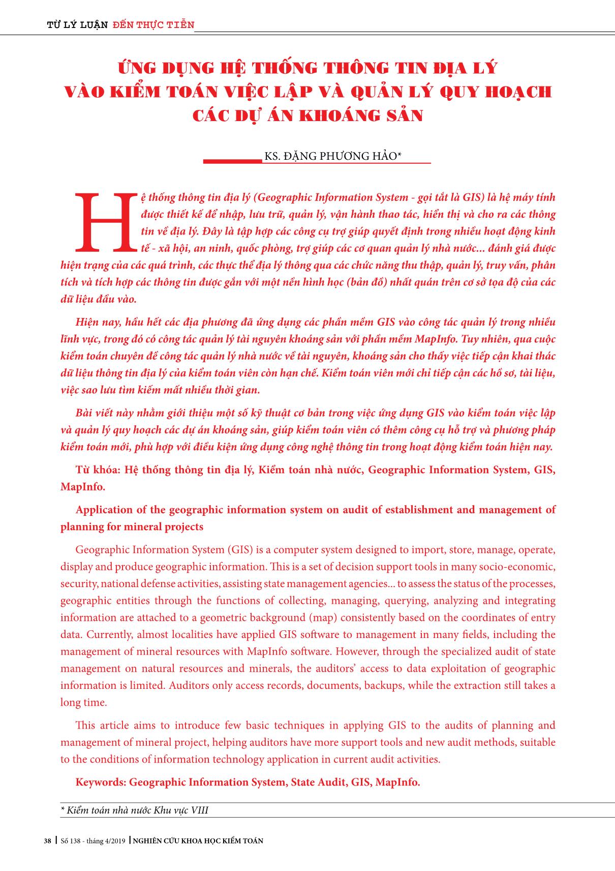 Ứng dụng hệ thống thông tin địa lý vào kiểm toán việc lập và quản lý quy hoạch các dự án khoáng sản trang 1