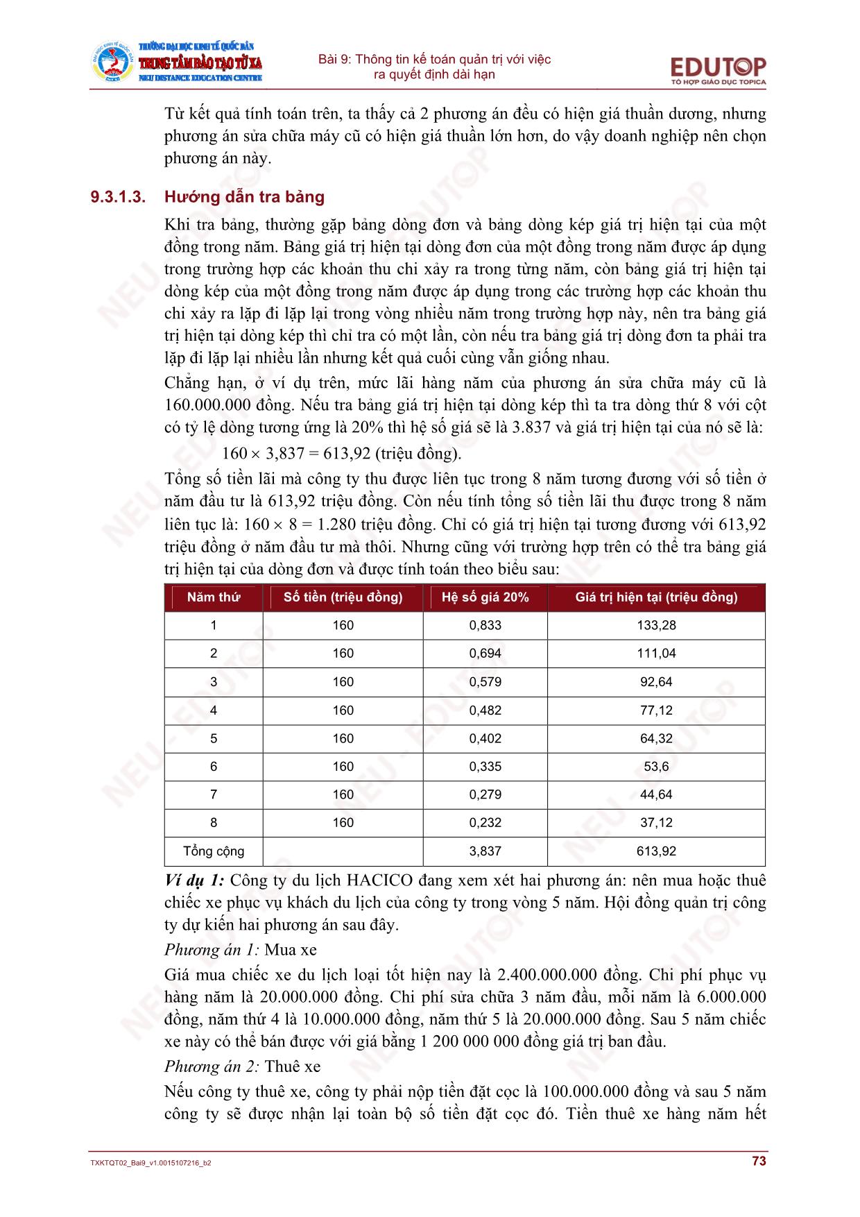 Bài giảng Kế toán quản trị - Bài 9: Thông tin kế toán quản trị với việc ra quyết định dài hạn trang 10