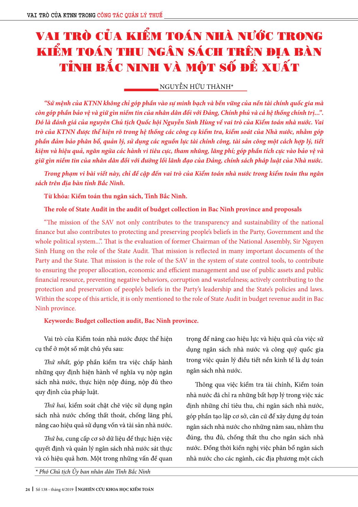 Vai trò của kiểm toán nhà nước trong kiểm toán thu ngân sách trên địa bàn tỉnh Bắc Ninh và một số vấn đề trang 1