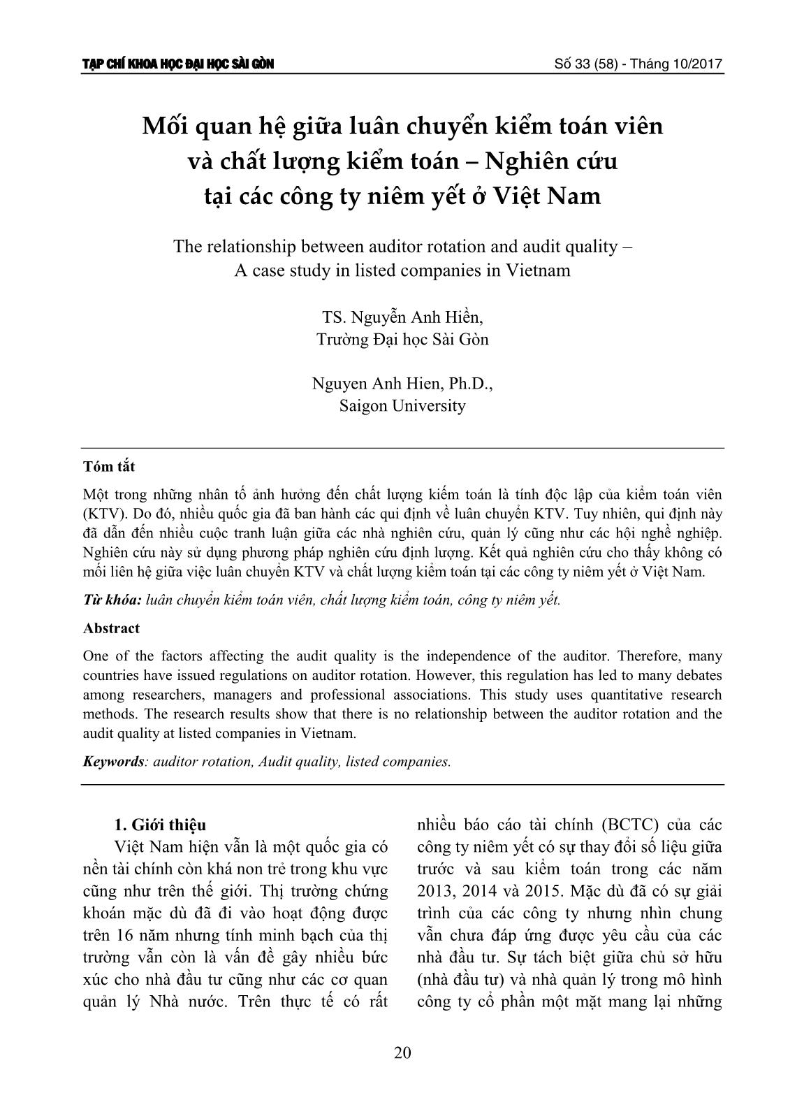 Mối quan hệ giữa luân chuyển kiểm toán viên và chất lượng kiểm toán – Nghiên cứu tại các công ty niêm yết ở Việt Nam trang 1