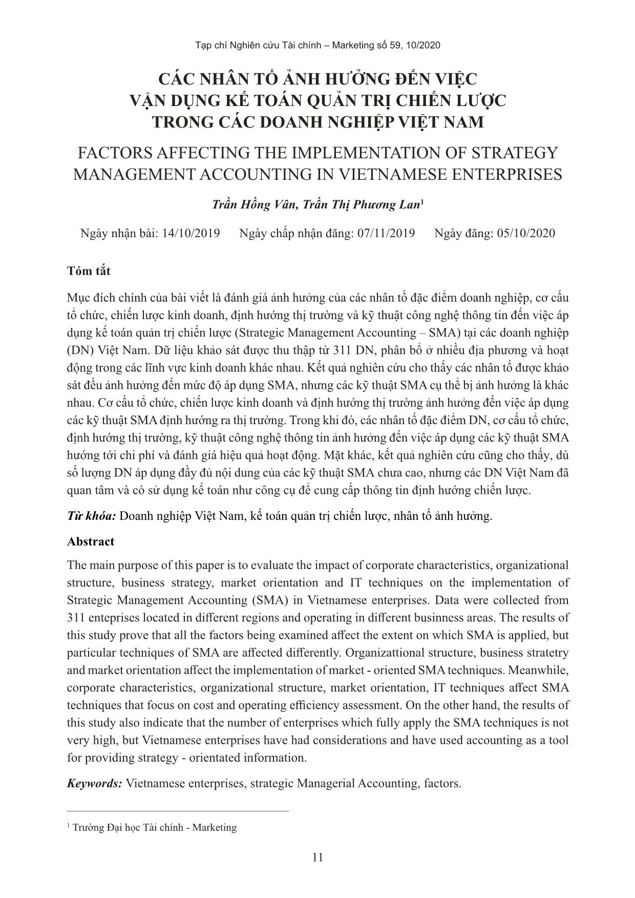 Các nhân tố ảnh hưởng đến việc vận dụng kế toán quản trị chiến lược trong các doanh nghiệp Việt Nam trang 1