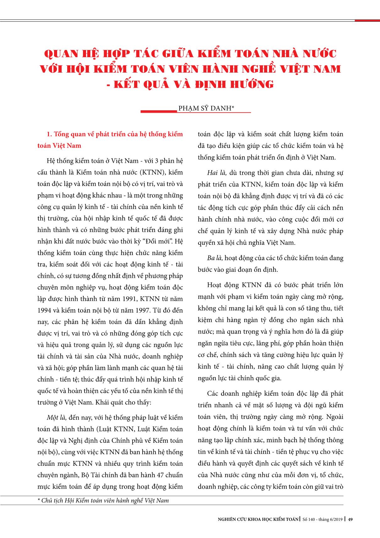 Quan hệ hợp tác giưa kiểm toán nhà nước với hội kiểm toán viên hành nghề Việt Nam - Kết quả và định hướng trang 1