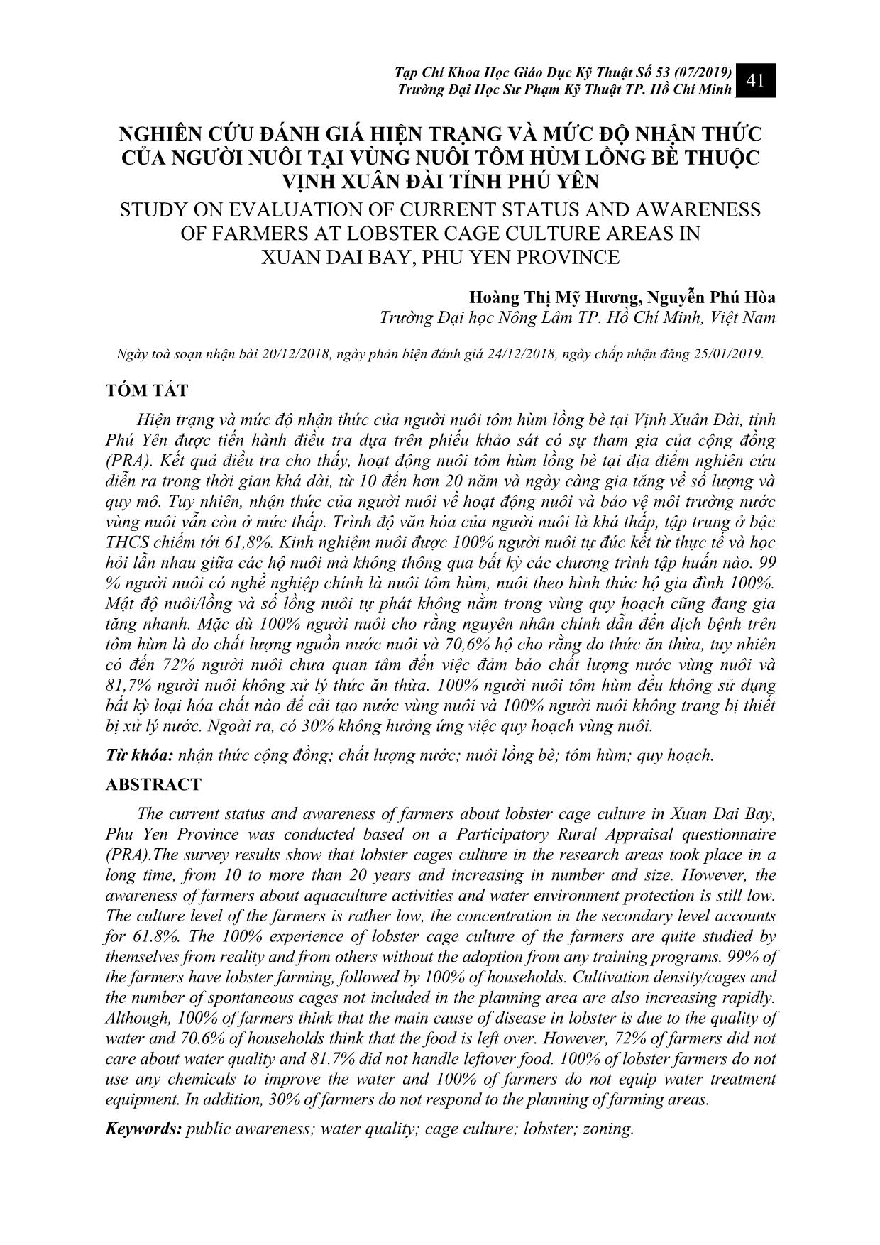 Nghiên cứu đánh giá hiện trạng và mức độ nhận thức của người nuôi tại vùng nuôi tôm hùm lồng bè thuộc vịnh Xuân Đài tỉnh Phú Yên trang 1