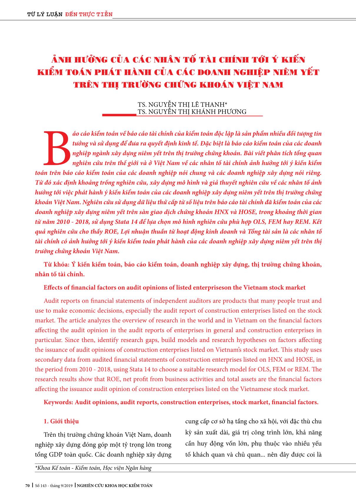 Ảnh hưởng của các nhân tố tài chính tới ý kiến kiểm toán phát hành của các doanh nghiệp niêm yết trên thị trường chứng khoán Việt Nam trang 1