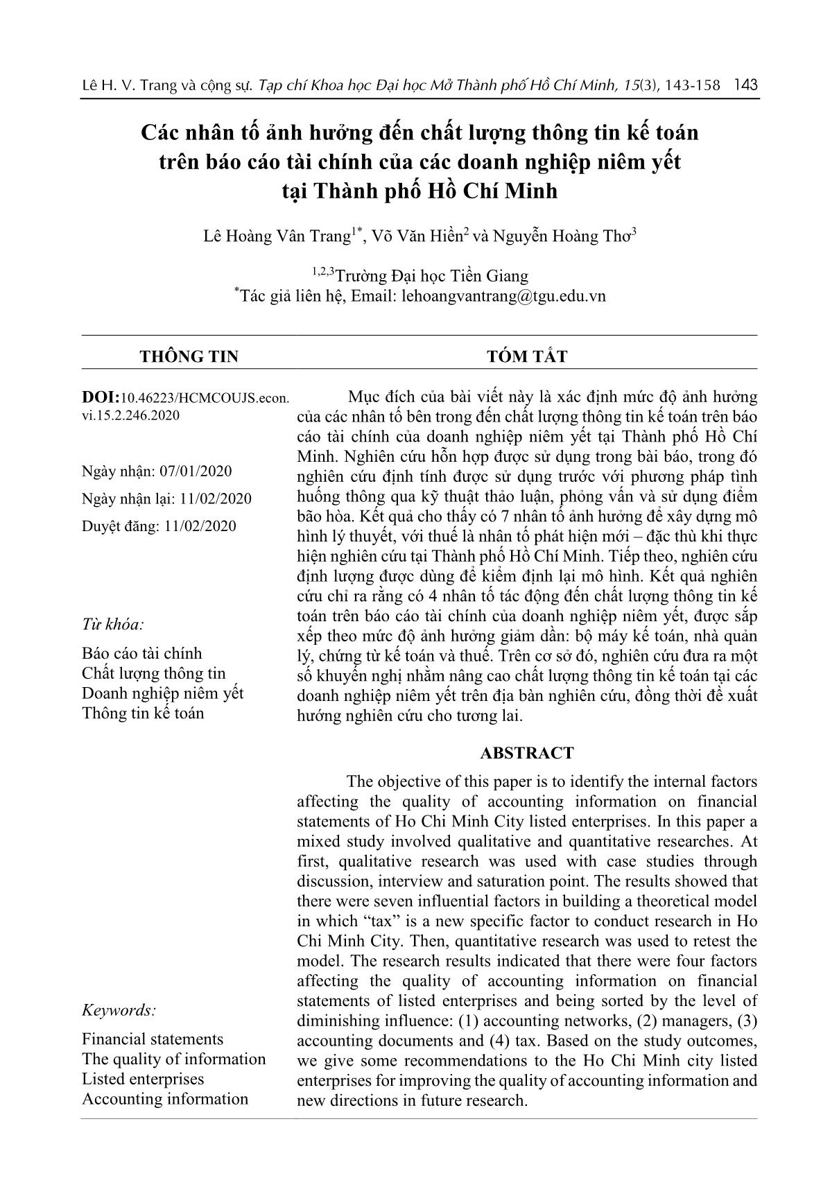 Các nhân tố ảnh hưởng đến chất lượng thông tin kế toán trên Báo cáo tài chính của các doanh nghiệp niêm yết tại Thành phố Hồ Chí Minh trang 1