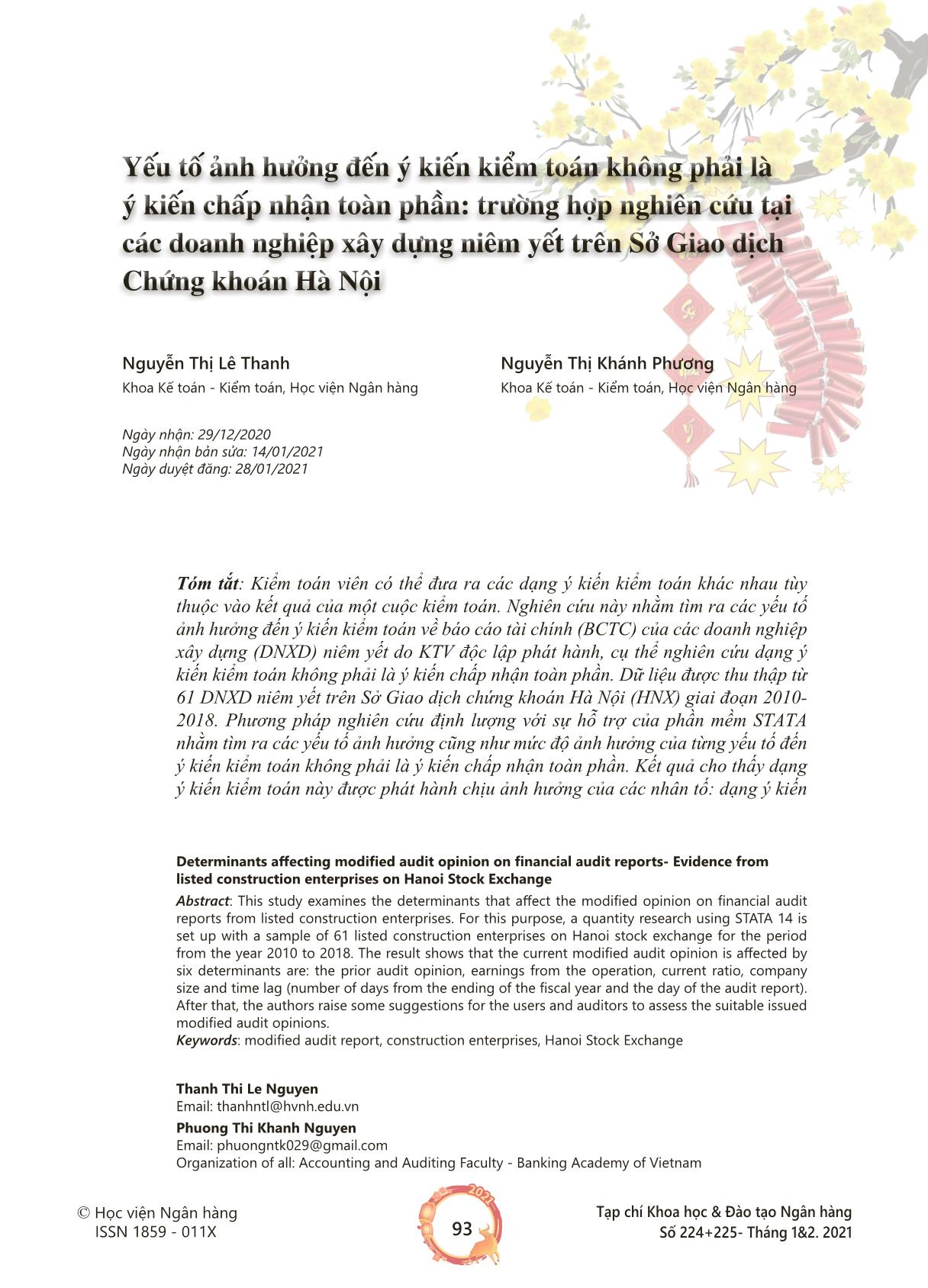 Yếu tố ảnh hưởng đến ý kiến kiểm toán không phải là ý kiến chấp nhận toàn phần: Trường hợp nghiên cứu tại các doanh nghiệp xây dựng niêm yết trên Sở Giao dịch Chứng khoán Hà Nội trang 1