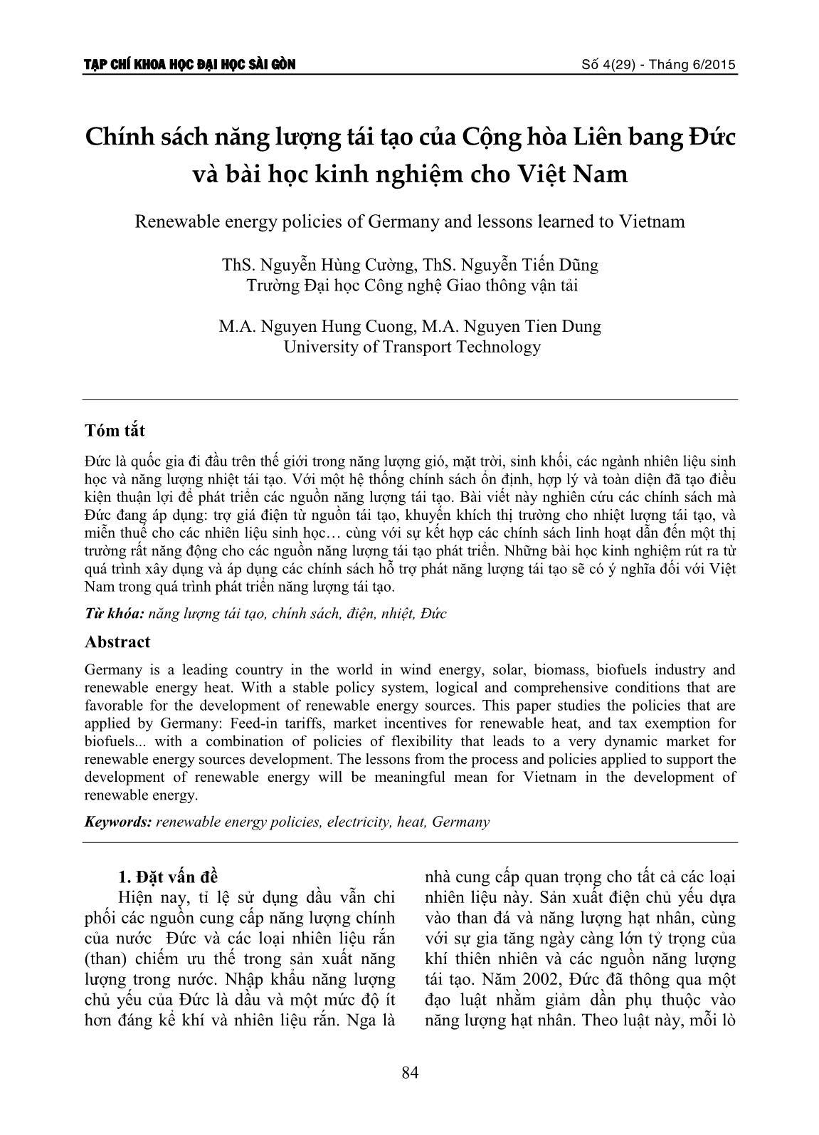 Chính sách năng lượng tái tạo của Cộng hòa Liên bang Đức và bài học kinh nghiệm cho Việt Nam trang 1