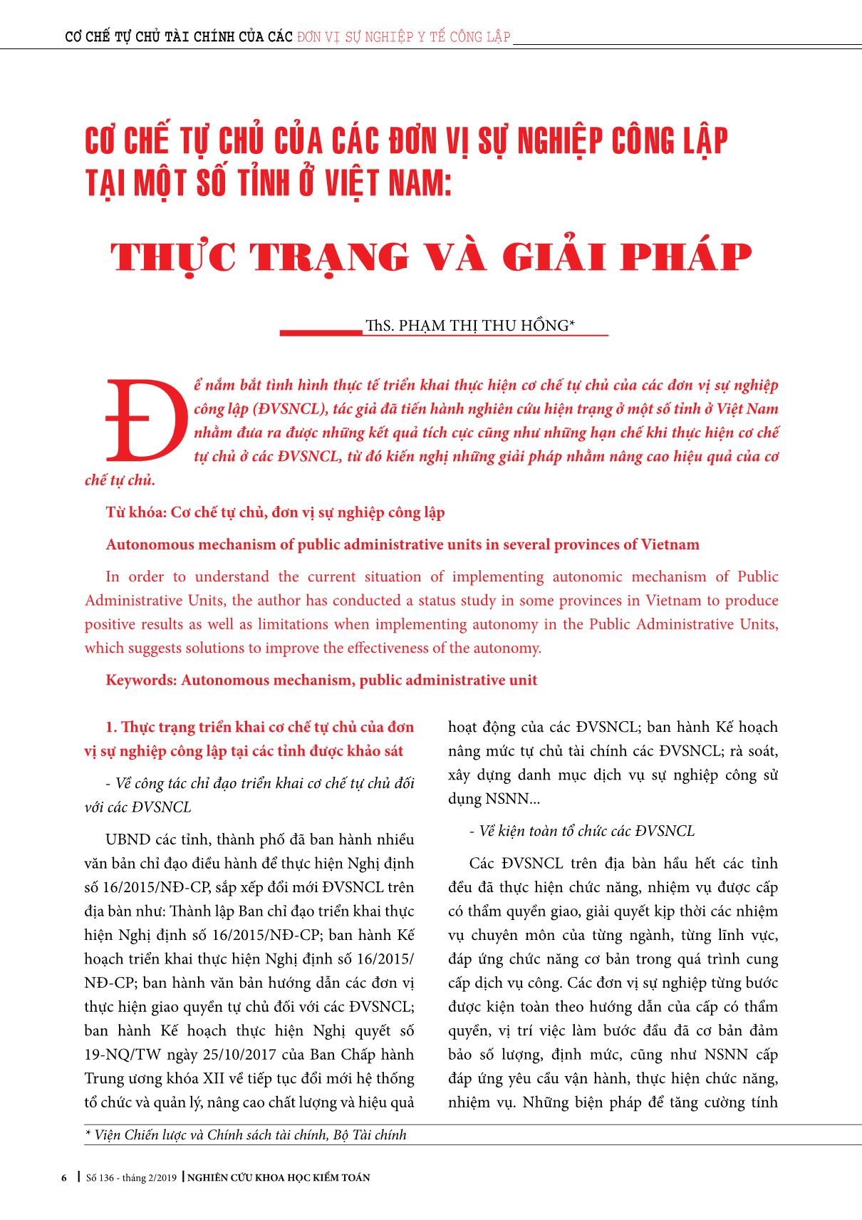 Cơ chế tự chủ của các đơn vị sự nghiệp công lập tại một số tỉnh ở Việt Nam: Thực trạng và giải pháp trang 1