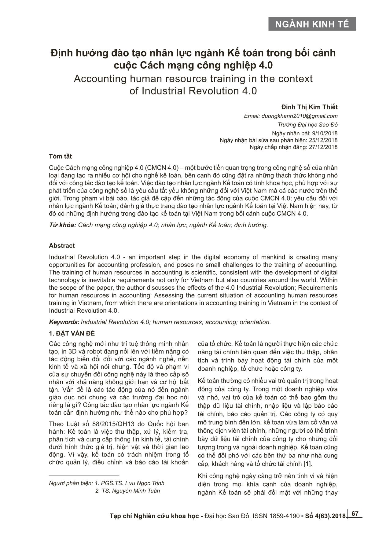 Định hướng đào tạo nhân lực ngành Kế toán trong bối cảnh cuộc Cách mạng công nghiệp 4.0 trang 1
