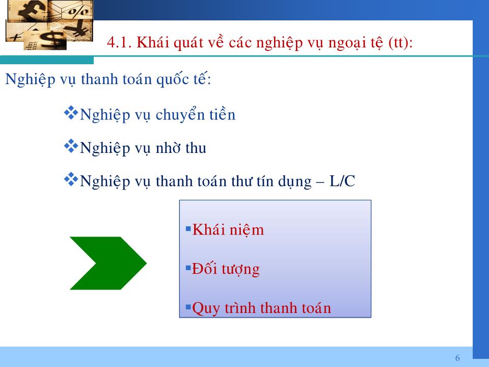 Bài giảng Nghiệp vụ ngân hàng thương mại - Chương 4: Kế toán kinh doanh ngoại tệ và thanh toán quốc tế trang 6