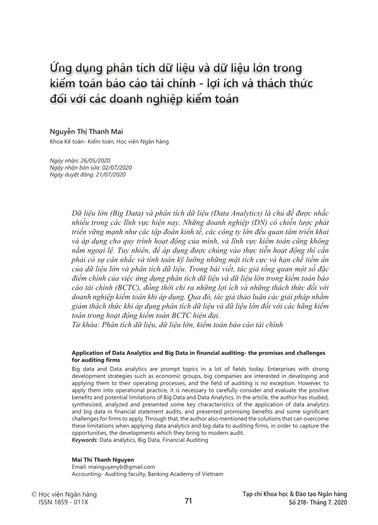 Ứng dụng phân tích dữ liệu và dữ liệu lớn trong kiểm toán Báo cáo tài chính - Lợi ích và thách thức đối với các doanh nghiệp kiểm toán trang 1