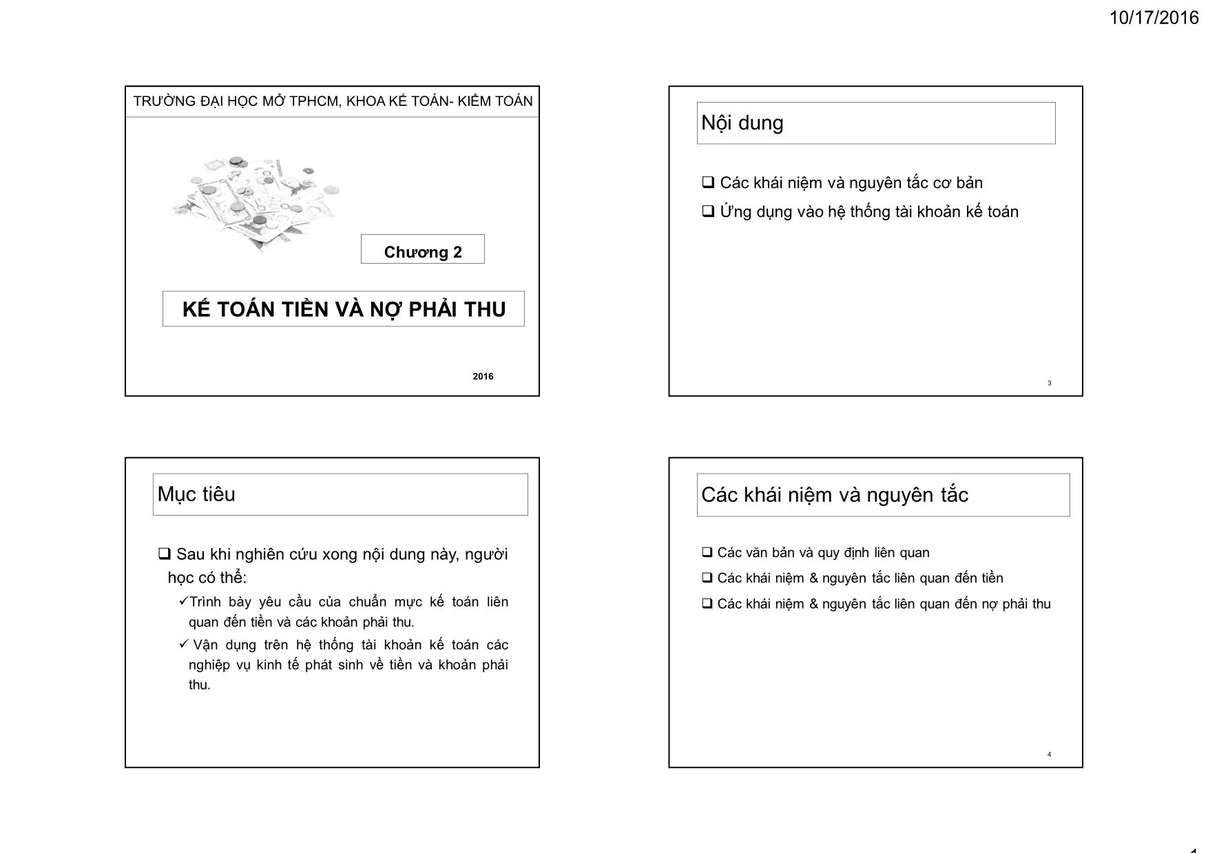 Bài giảng Kế toán tài chính 1 - Chương 2: Kế toán tiền và nợ phải thu - Nguyễn Thị Ngọc Điệp trang 1