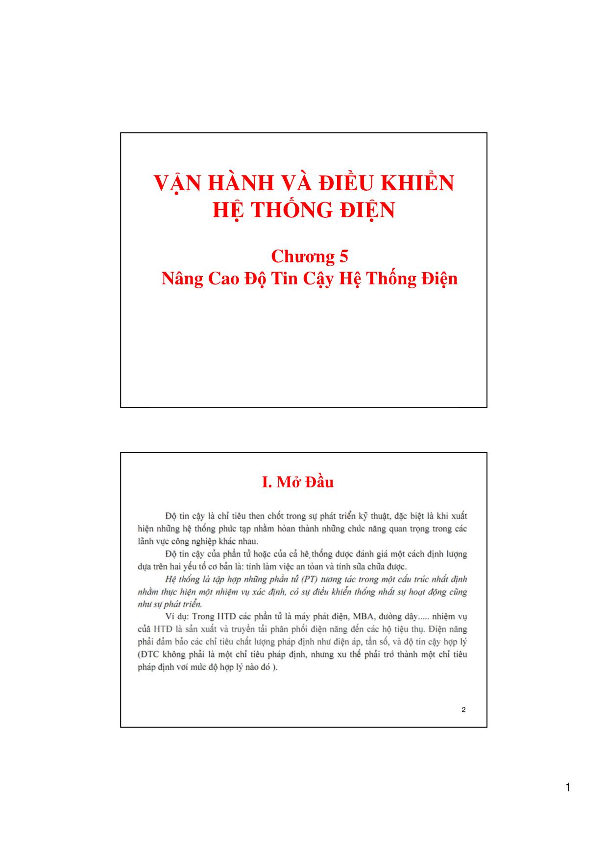 Bài giảng Vận hành và điều khiển hệ thống điện - Chương 5: Nâng cao độ tin cậy hệ thống điện - Võ Ngọc Điều trang 1