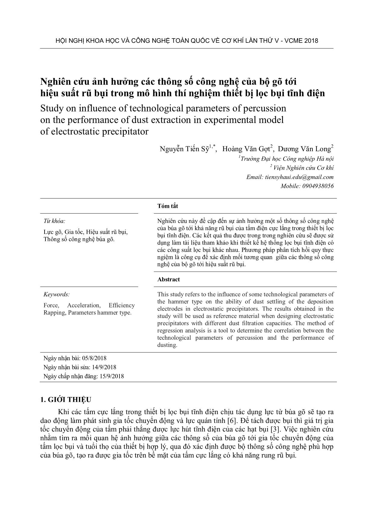 Nghiên cứu ảnh hưởng các thông số công nghệ của bộ gõ tới hiệu suất rũ bụi trong mô hình thí nghiệm thiết bị lọc bụi tĩnh điện trang 1