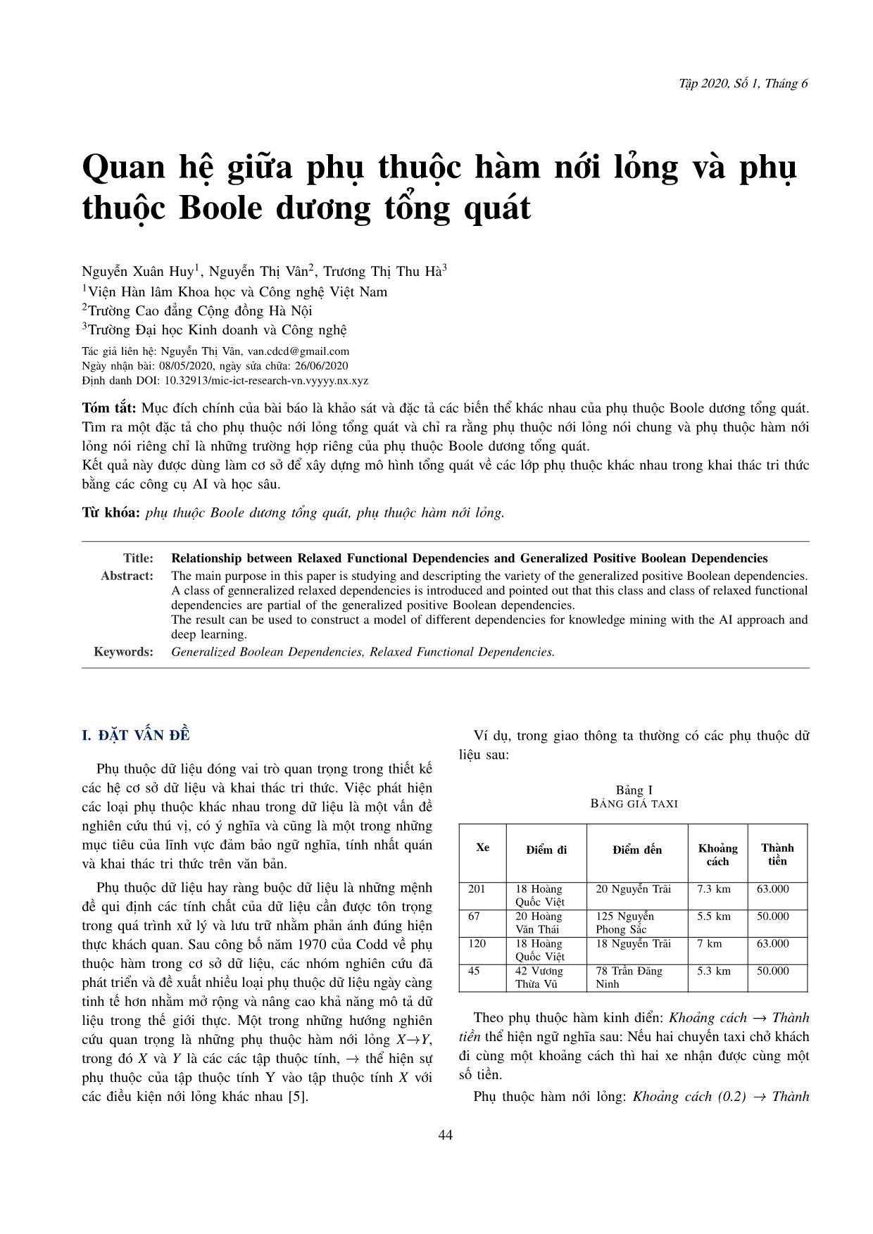 Quan hệ giữa phụ thuộc hàm nới lỏng và phụ thuộc Boole dương tổng quát trang 1