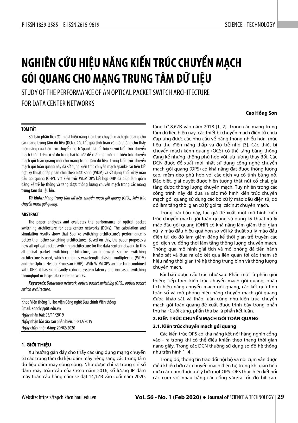 Nghiên cứu hiệu năng kiến trúc chuyển mạch gói quang cho mạng trung tâm dữ liệu trang 1