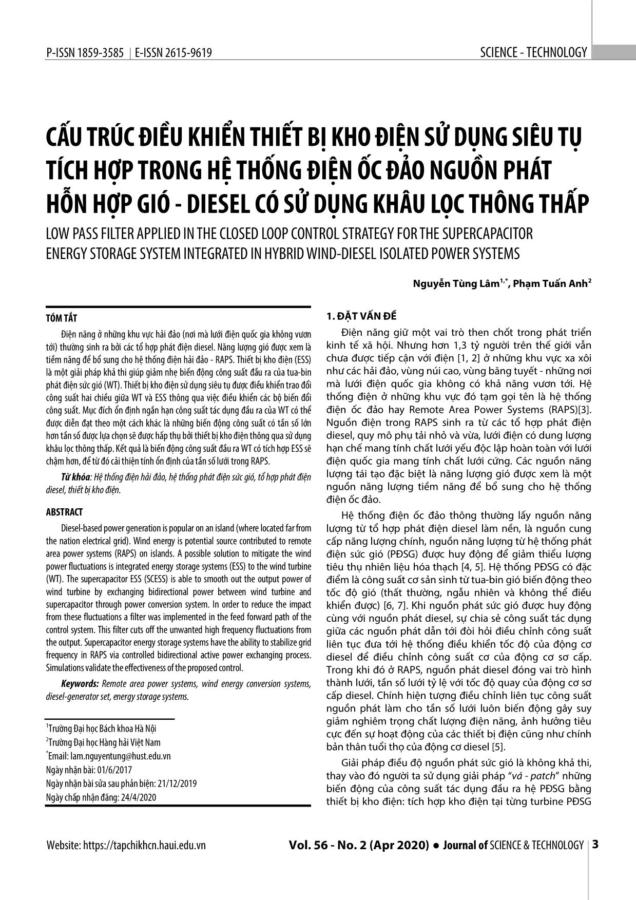 Cấu trúc điều khiển thiết bị kho điện sử dụng siêu tụ tích hợp trong hệ thống điện ốc đảo nguồn phát hỗn hợp gió - diesel có sử dụng khâu lọc thông thấp trang 1