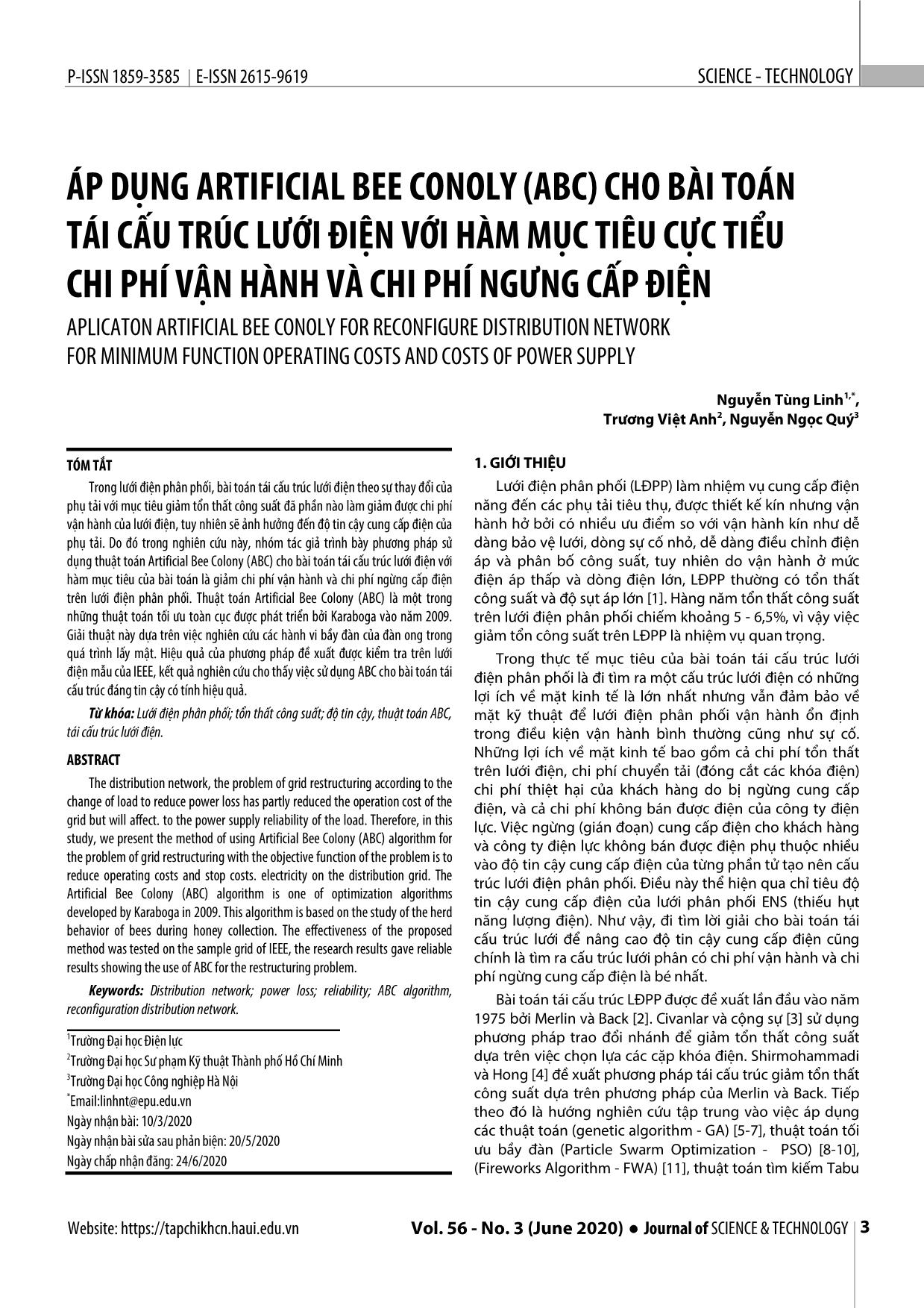 Áp dụng artificial bee conoly (ABC) cho bài toán tái cấu trúc lưới điện với hàm mục tiêu cực tiểu chi phí vận hành và chi phí ngưng cấp điện trang 1