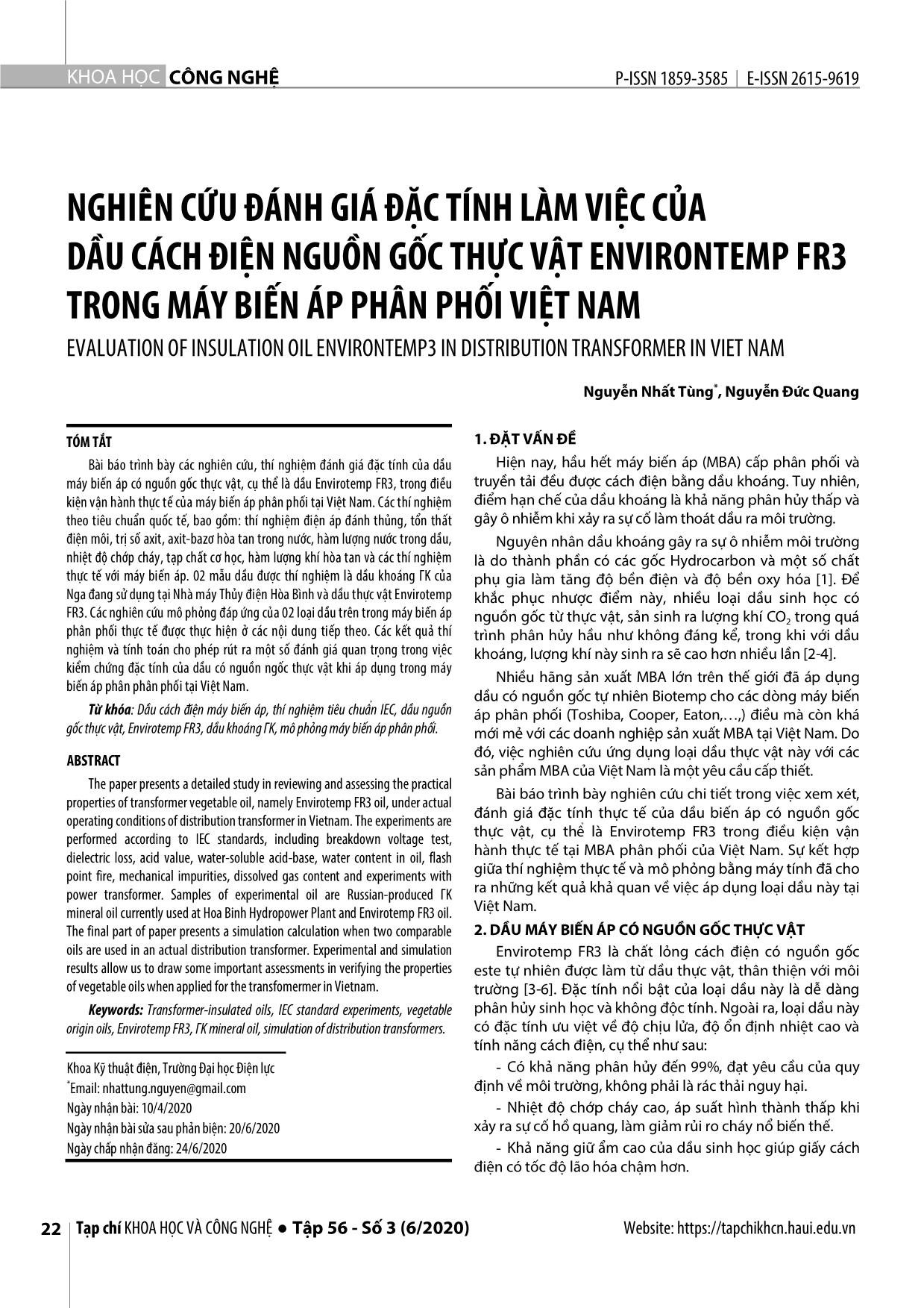 Nghiên cứu đánh giá đặc tính làm việc của dầu cách điện nguồn gốc thực vật environtemp FR3 trong máy biến áp phân phối Việt Nam trang 1