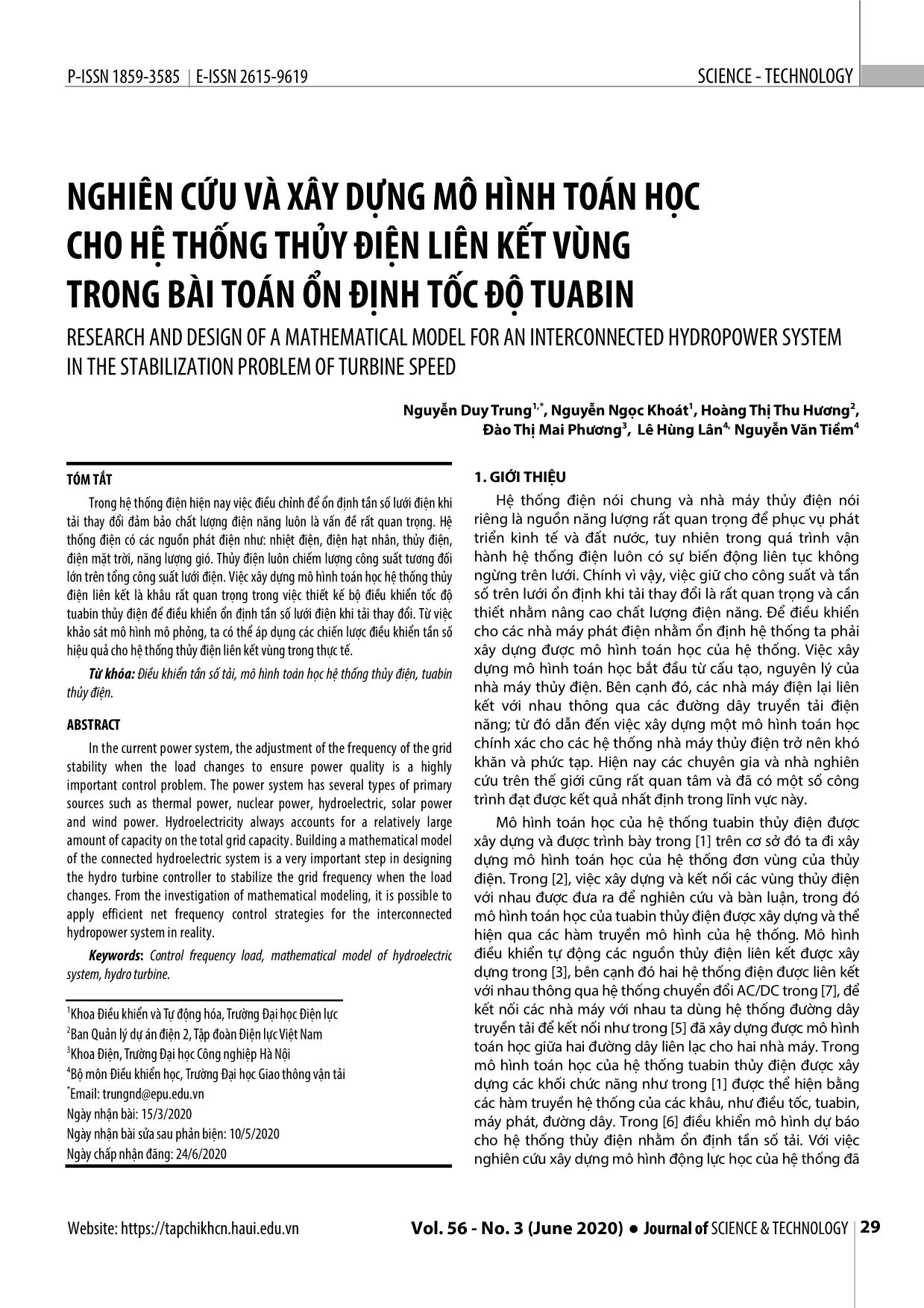 Nghiên cứu và xây dựng mô hình toán học cho hệ thống thủy điện liên kết vùng trong bài toán ổn định tốc độ tuabin trang 1