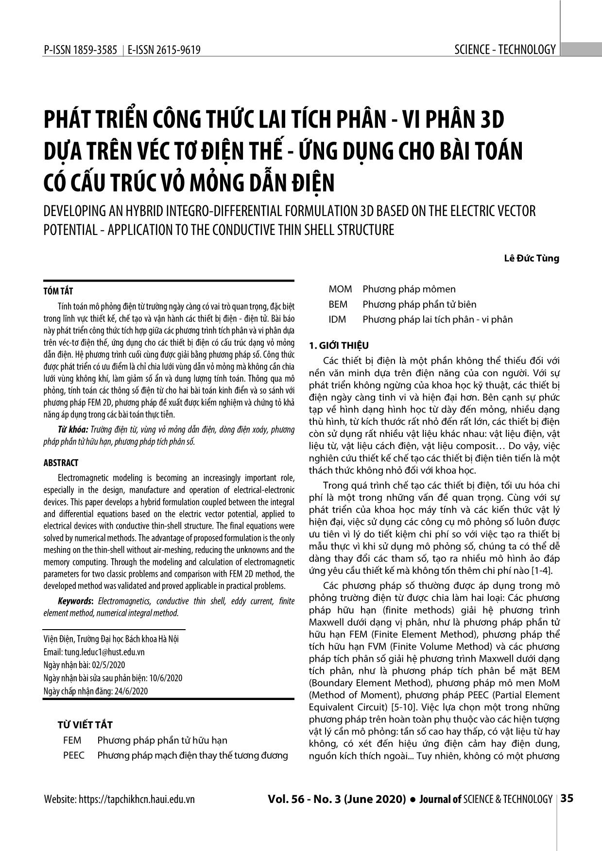 Phát triển công thức lai tích phân - Vi phân 3D dựa trên véc tơ điện thế - ứng dụng cho bài toán có cấu trúc vỏ mỏng dẫn điện trang 1