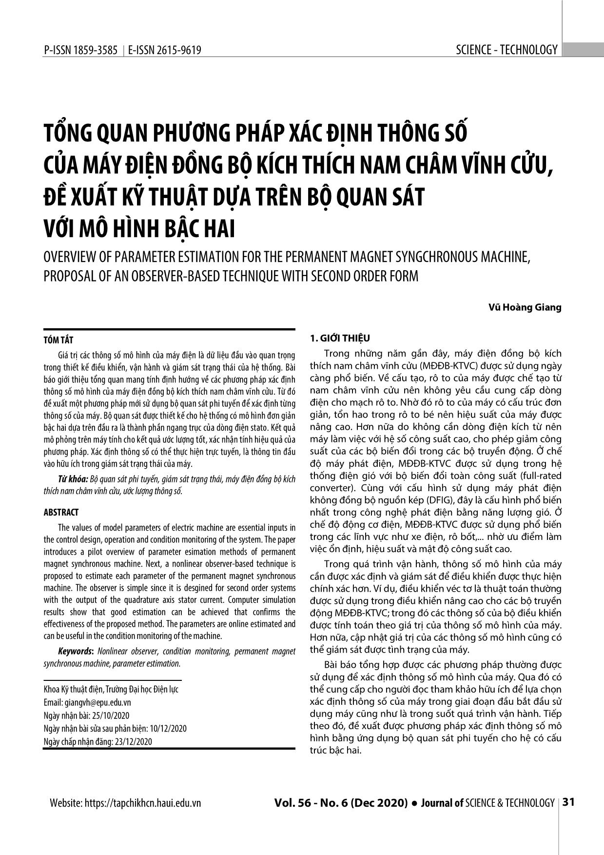 Tổng quan phương pháp xác định thông số của máy điện đồng bộ kích thích nam châm vĩnh cửu, đề xuất kỹ thuật dựa trên bộ quan sát với mô hình bậc hai trang 1